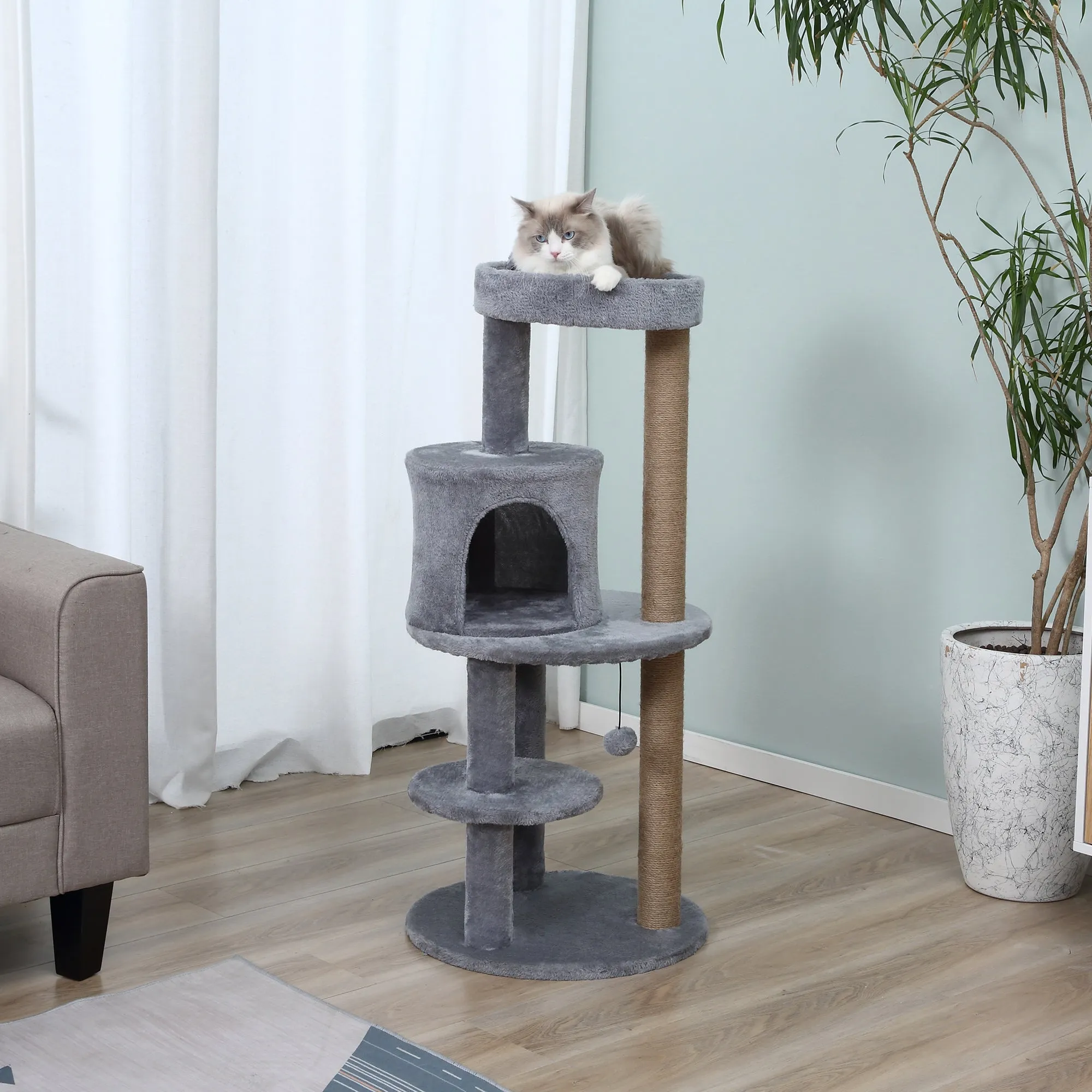 Cat Tree for cats with Scratch Pole 1-2 cats of 4.5kg with 3 levels Grey 48x48x104cm - Image 2