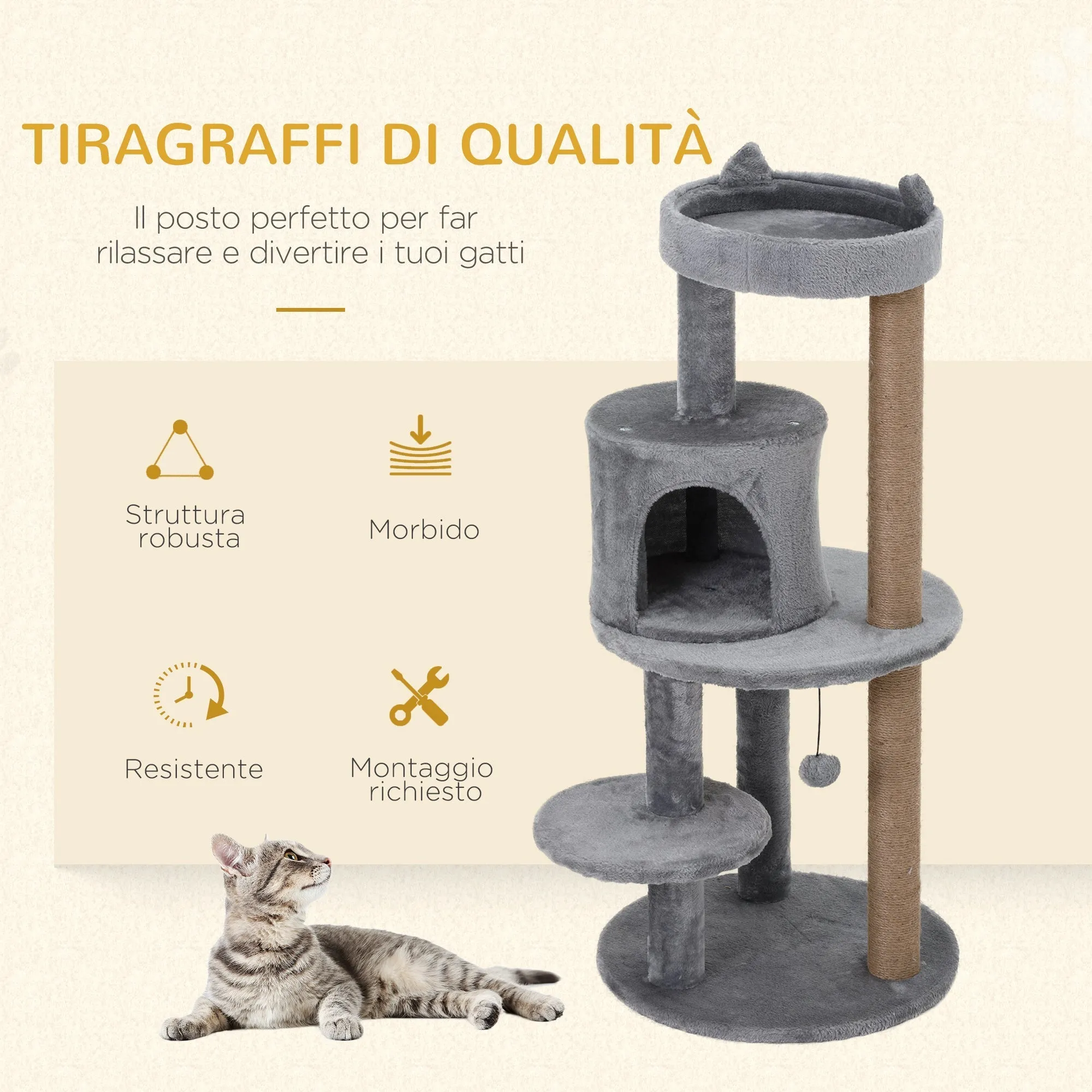 Cat Tree for cats with Scratch Pole 1-2 cats of 4.5kg with 3 levels Grey 48x48x104cm - Image 3