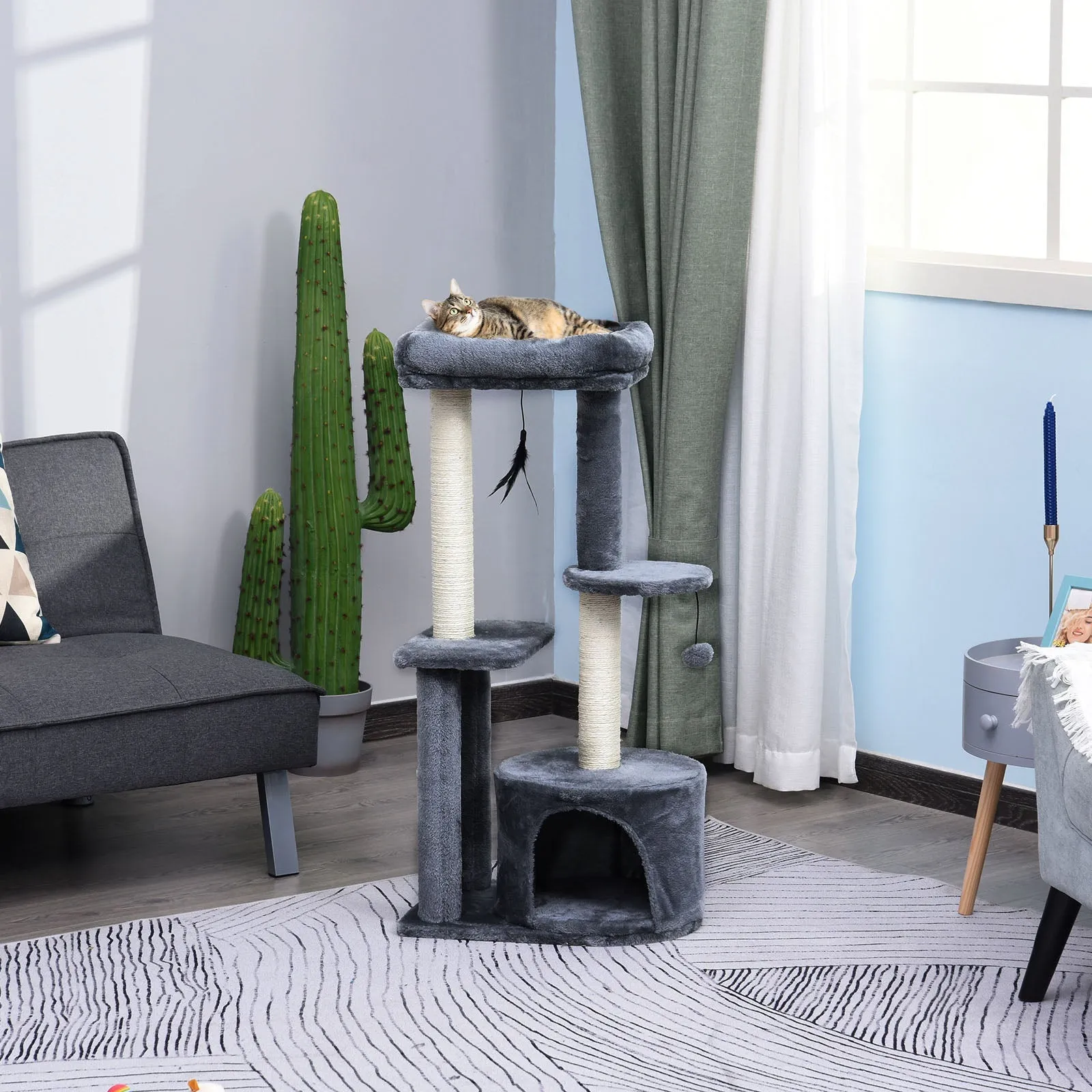 Cat Tree for cats with Scratch Pole with Bed, and 2 shelves, white and Grey, 48x35x100cm - Image 2