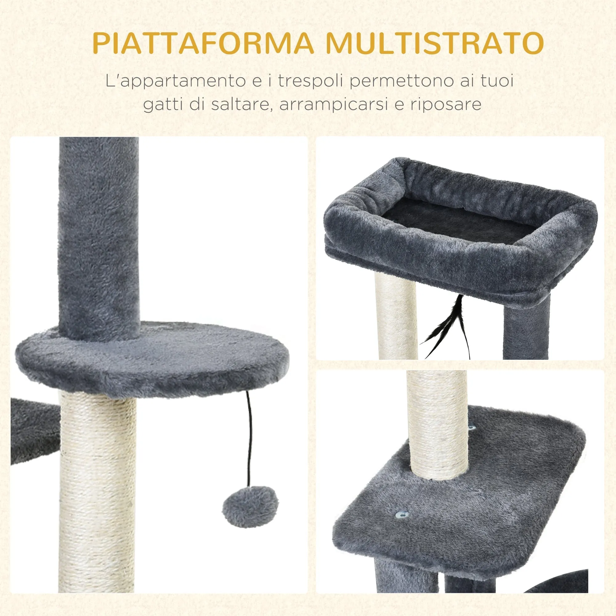 Cat Tree for cats with Scratch Pole with Bed, and 2 shelves, white and Grey, 48x35x100cm - Image 3