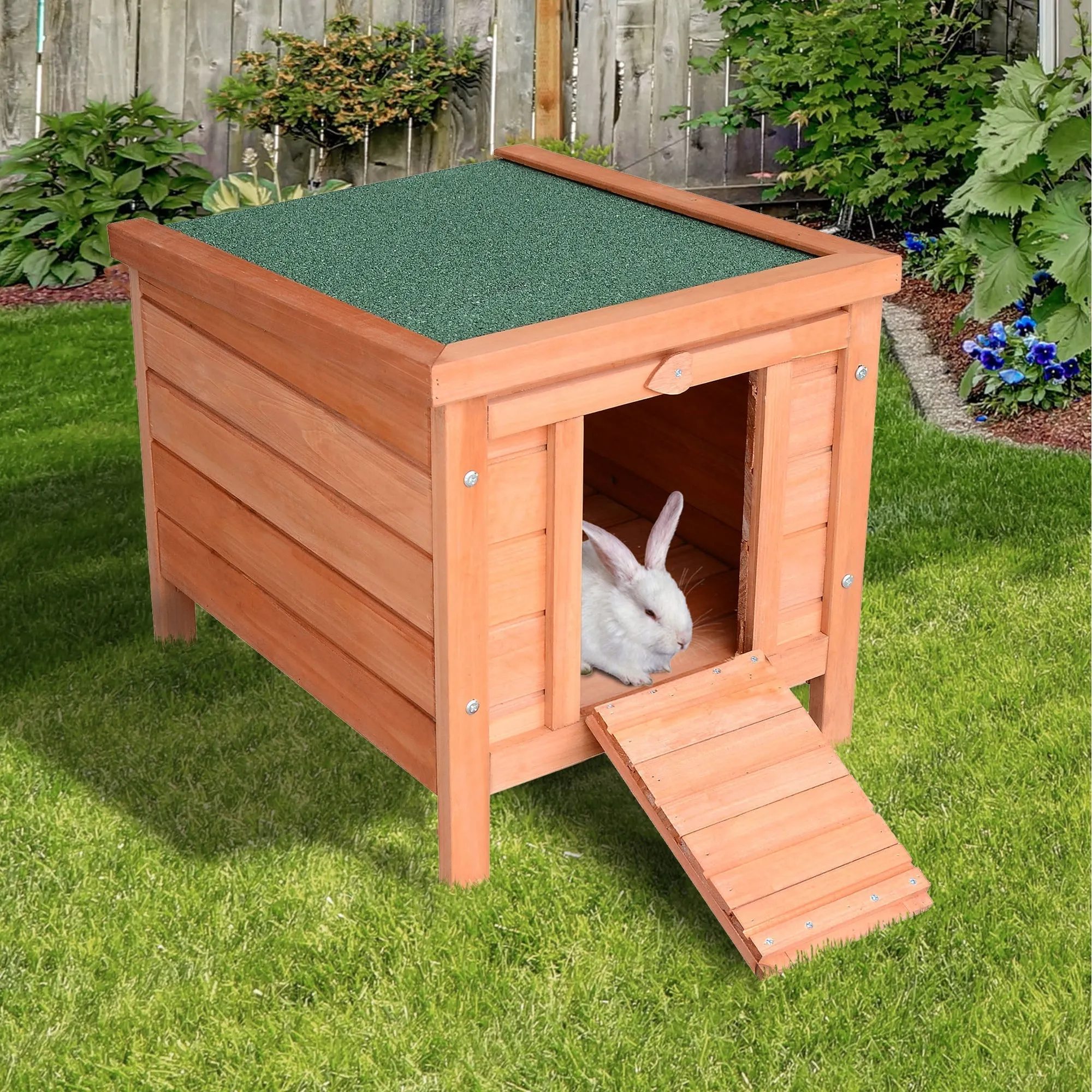 Outdoor Wooden Rabbit Cage with Asphalt Roof and Non-Slip Ramp, 42x51x43cm, Red Orange - Image 3