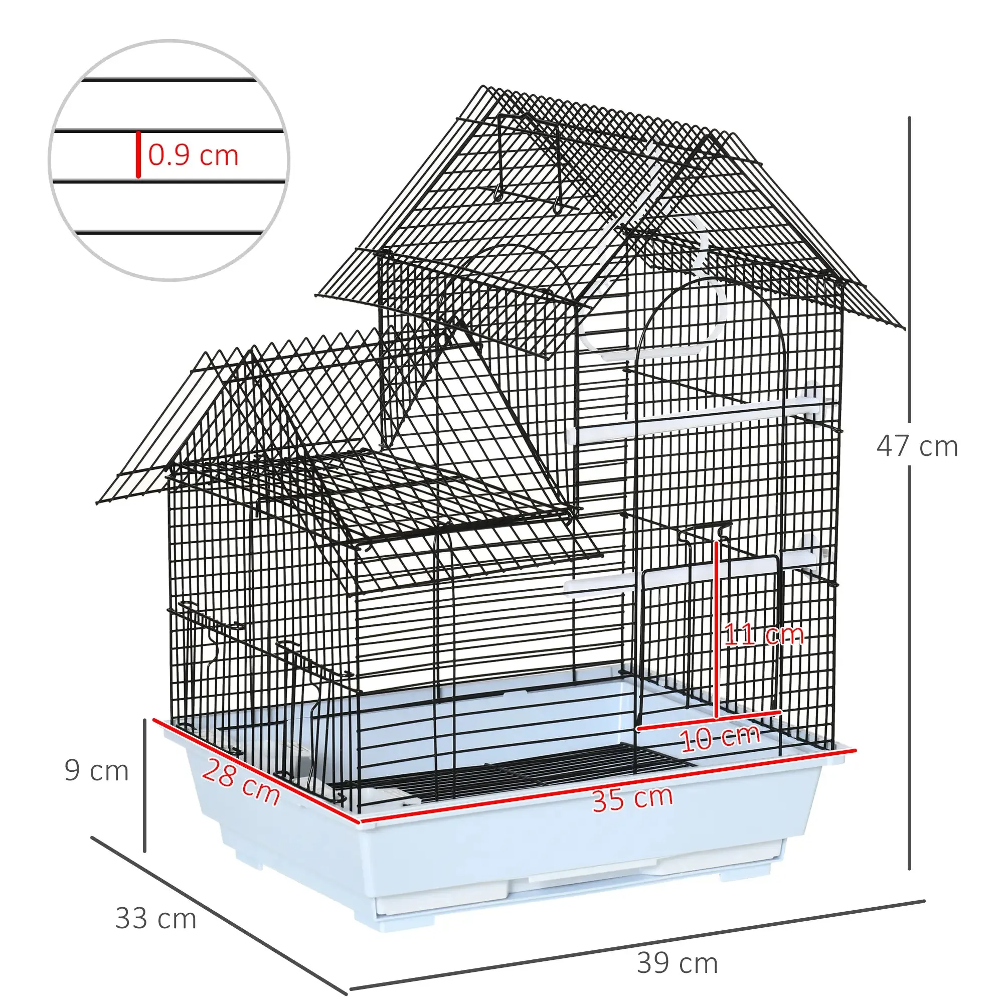 Metal Bird Cage with Handle, Removable Tray, Pegs and Swing, 39x33x47cm, White - Image 2