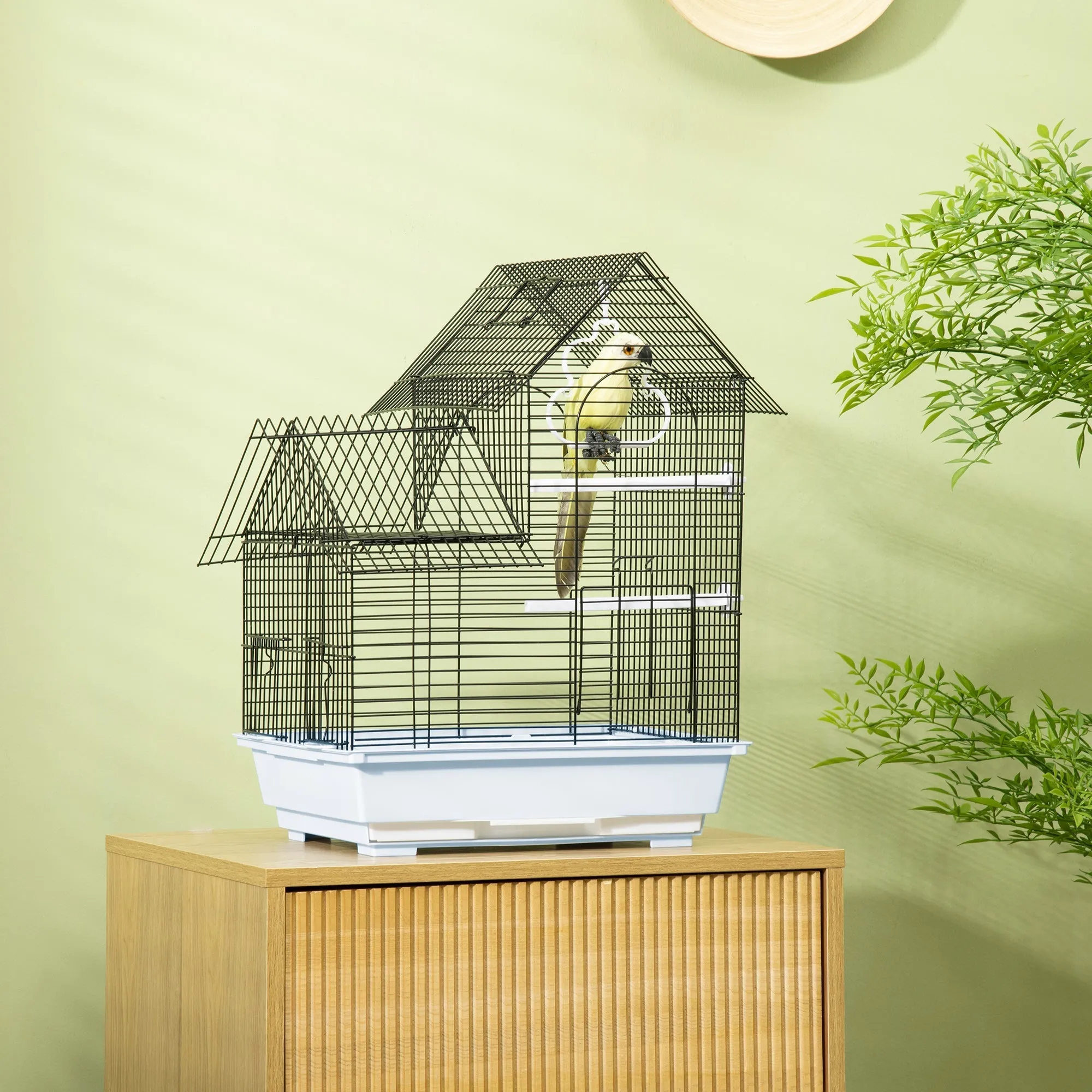 Metal Bird Cage with Handle, Removable Tray, Pegs and Swing, 39x33x47cm, White - Image 3