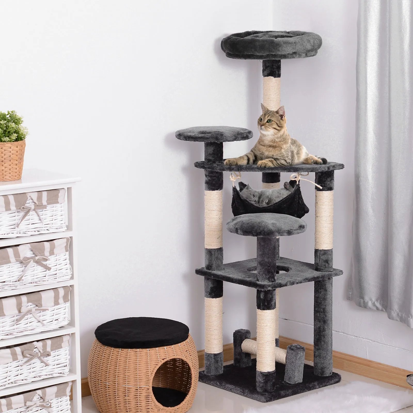 4-Tier Cat Tree with Hammock, Natural Sisal Plush Platforms, 132cm Height, Grey 4.8 (25) - Image 2