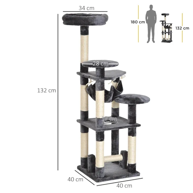4-Tier Cat Tree with Hammock, Natural Sisal Plush Platforms, 132cm Height, Grey 4.8 (25) - Image 3