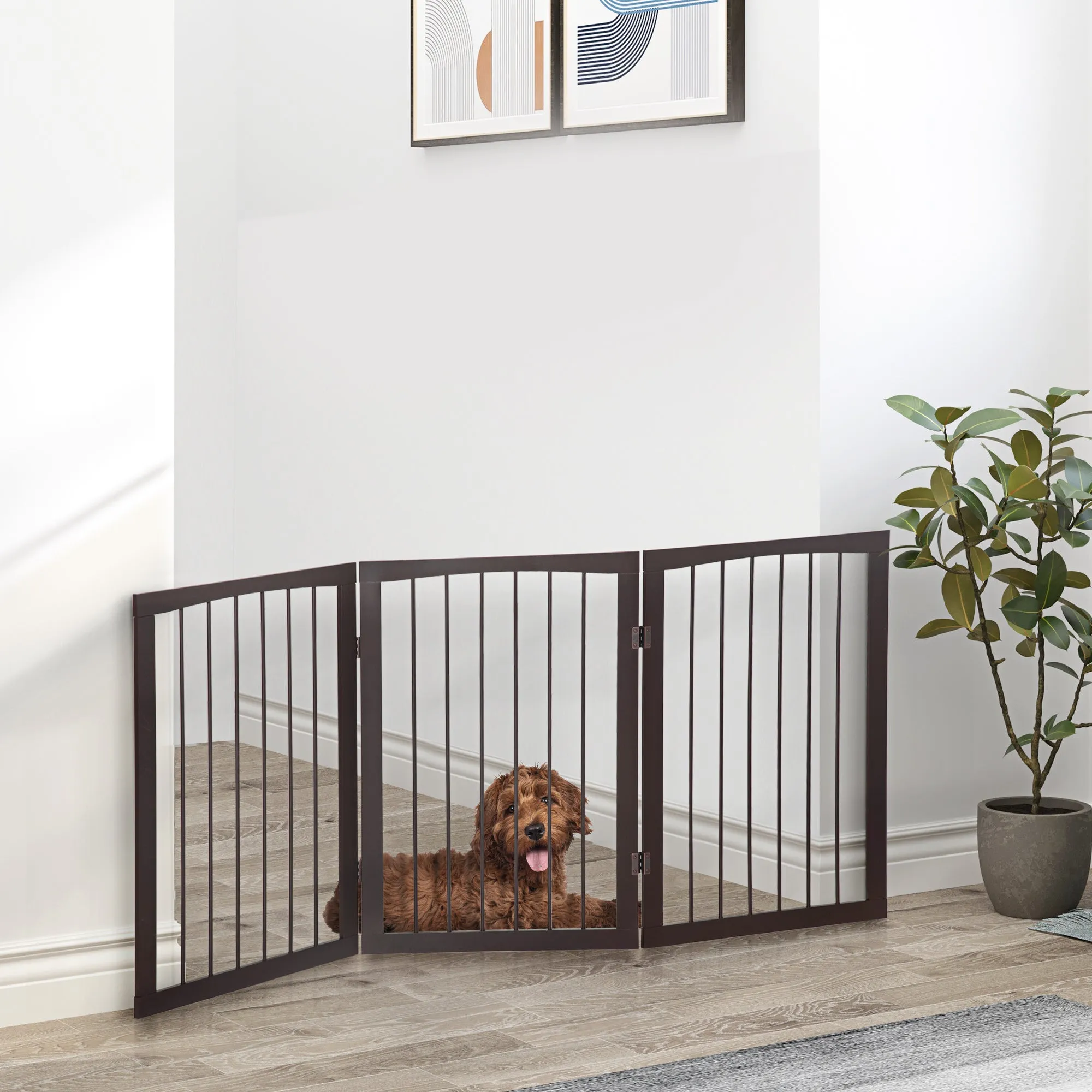Portable 3 Section Dog Gate Pet Gate Foldable Safety Divider, 160x1.2x76cm, Brown - Image 2
