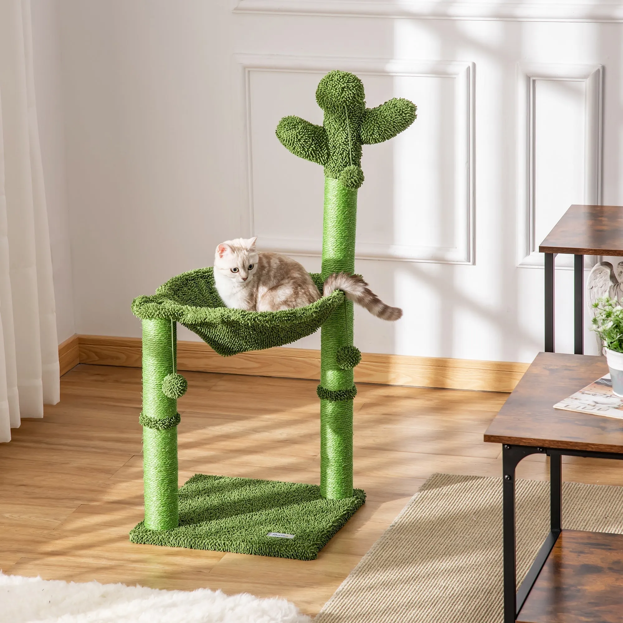 Cat Tree for cats with Scratch Pole up to 4.5kg in the shape of cactus with balls and Bed, 60x35x78cm - green - Image 2