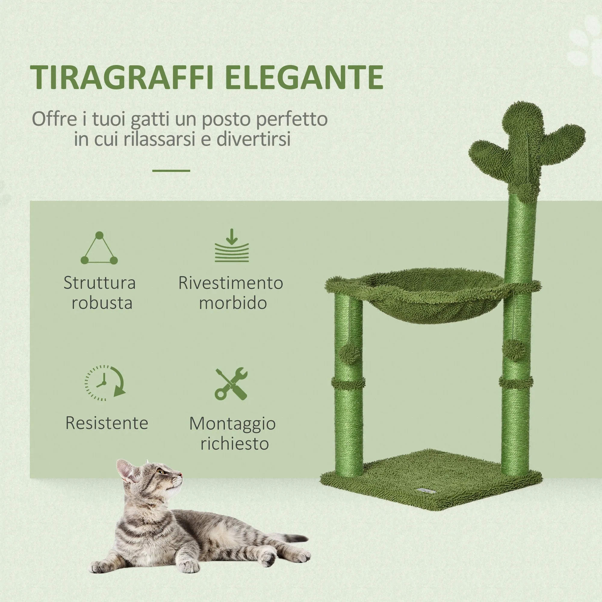 Cat Tree for cats with Scratch Pole up to 4.5kg in the shape of cactus with balls and Bed, 60x35x78cm - green - Image 3
