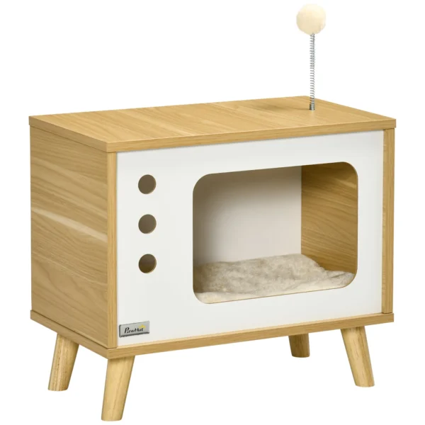Chipboard Cat House in the Shape of a TV with Cushion and Toy Ball, 50x28x43 cm