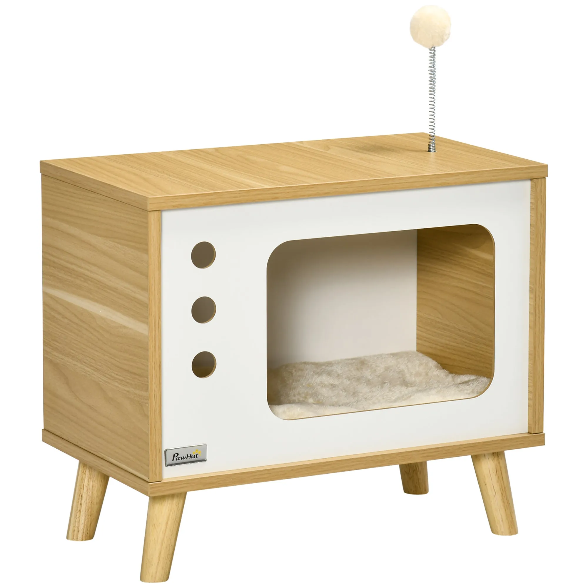 Chipboard Cat House in the Shape of a TV with Cushion and Toy Ball, 50x28x43 cm