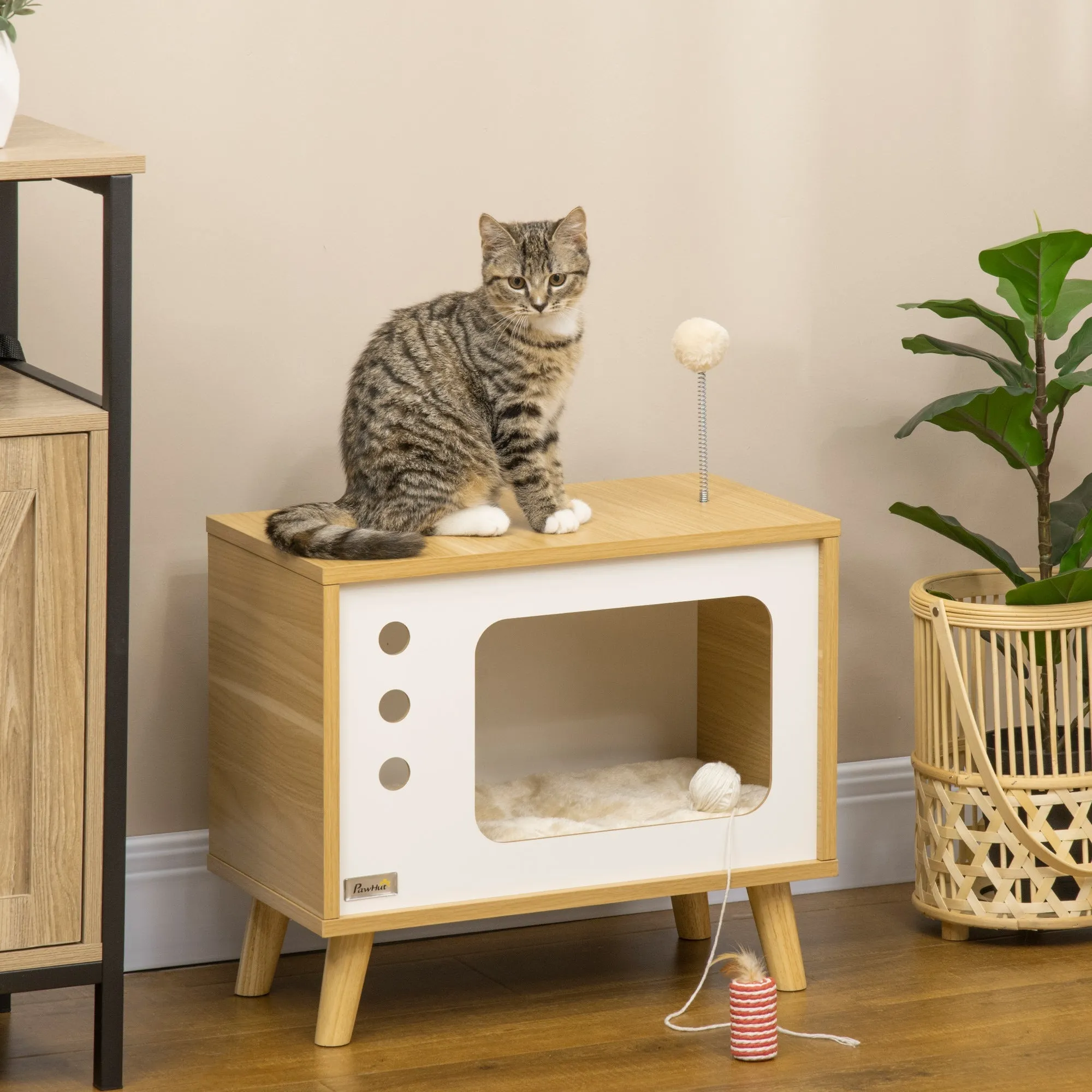 Chipboard Cat House in the Shape of a TV with Cushion and Toy Ball, 50x28x43 cm - Image 2