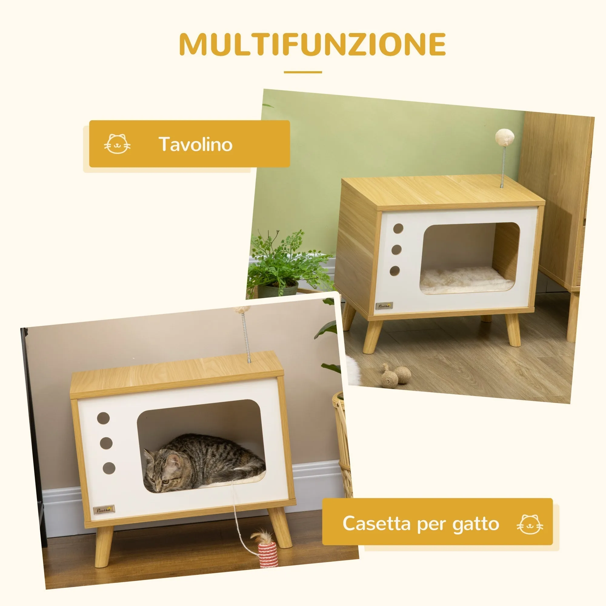 Chipboard Cat House in the Shape of a TV with Cushion and Toy Ball, 50x28x43 cm - Image 3