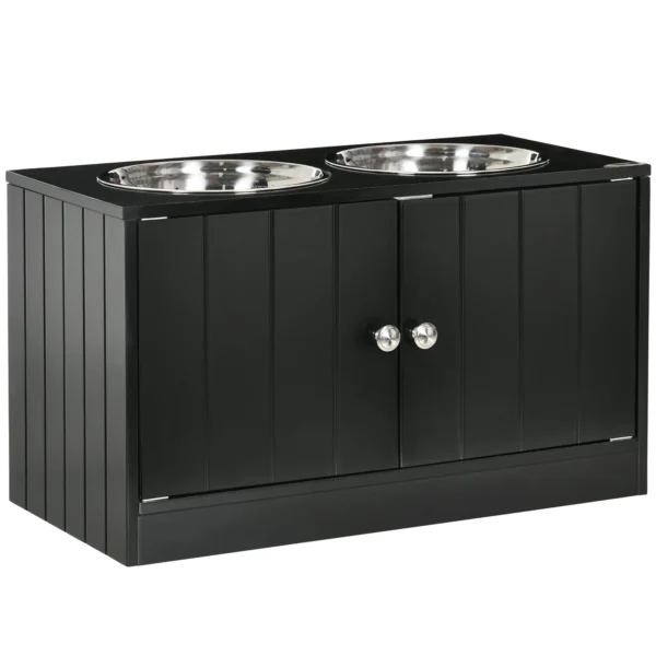 Raised Dog Bowl with Storage Compartment, 2 Removable Stainless Steel Bowls, 60x30x35.5cm, Black