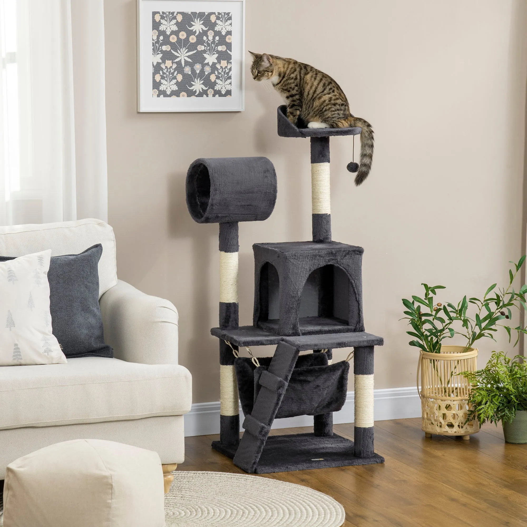 Cat Tree with Cat Scratching Post, Cat House, Hammock, Bed, Tunnel and Ball, 48x48 x125 cm, Dark Grey - Image 2