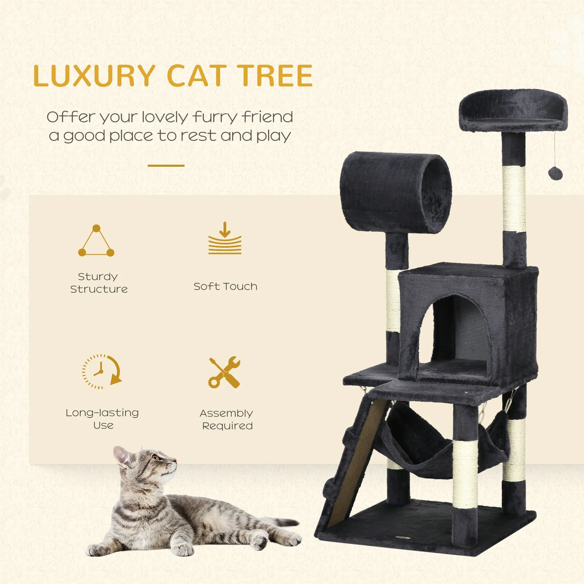 Cat Tree with Cat Scratching Post, Cat House, Hammock, Bed, Tunnel and Ball, 48x48 x125 cm, Dark Grey - Image 3