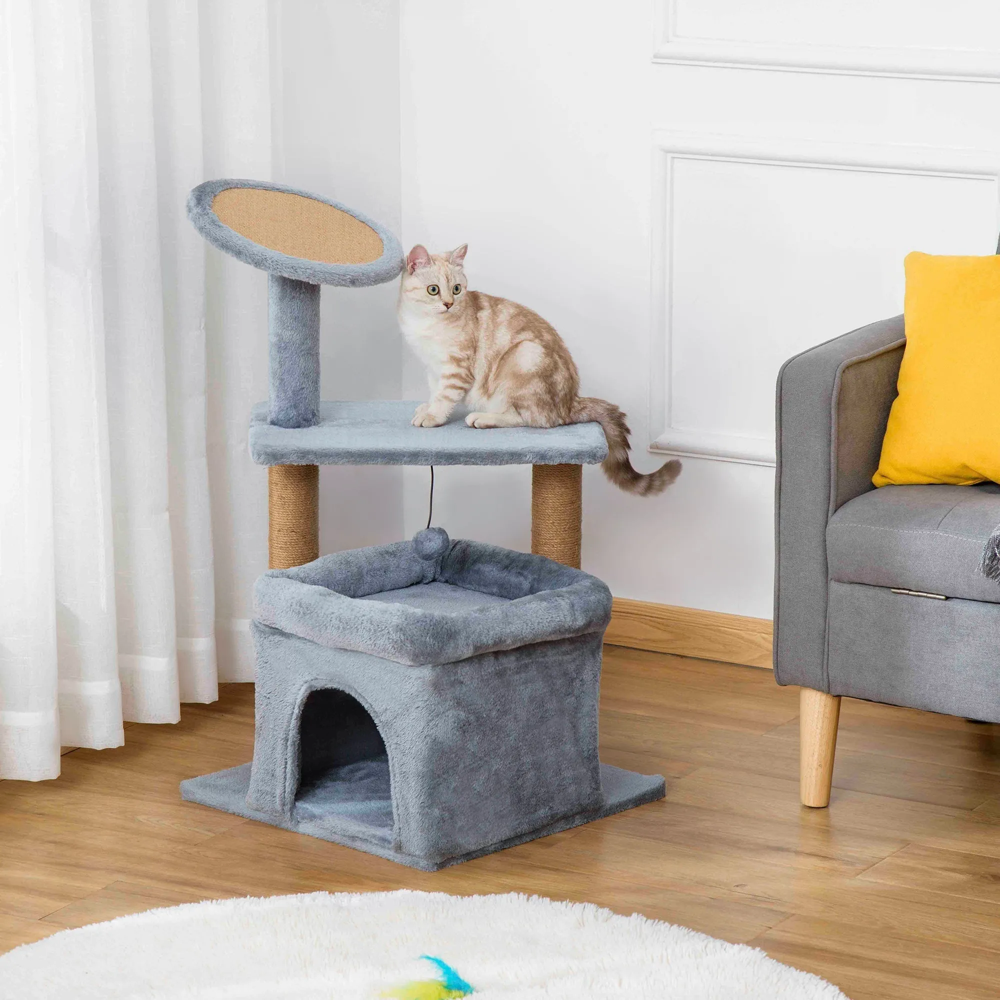 Cat Tree for cats with Scratch Pole and house, height 84cm - Grey - Image 2