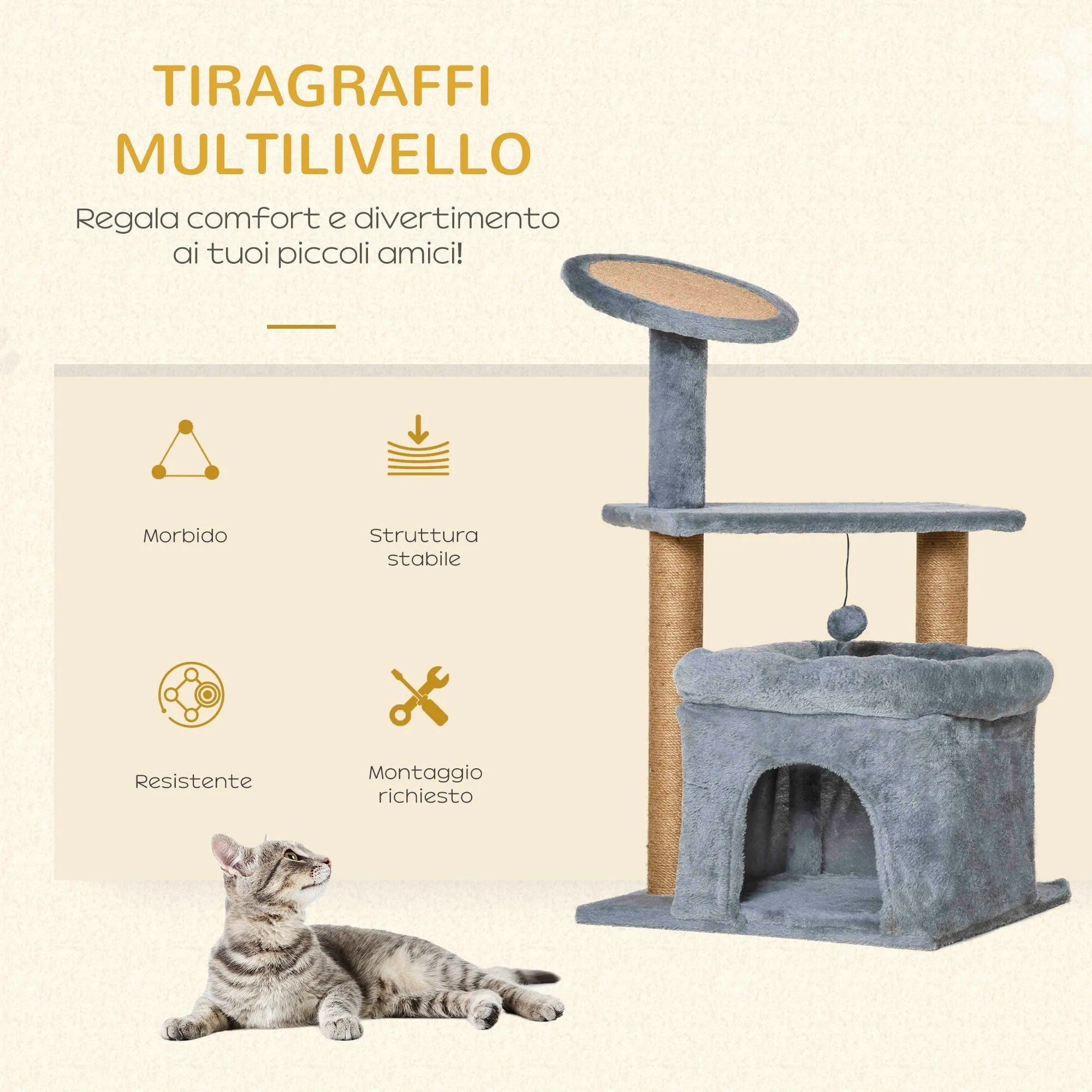 Cat Tree for cats with Scratch Pole and house, height 84cm - Grey - Image 3