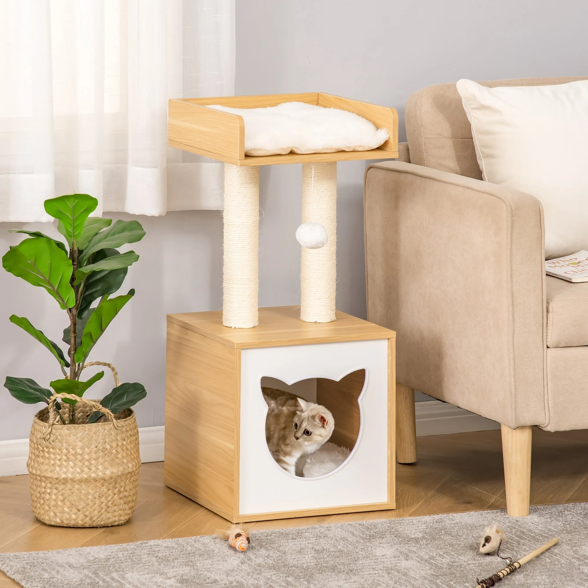 Cat Tree for cats with Scratch Pole in Sisal, washable cushions and ball, 35x35x81cm, oak - Image 2