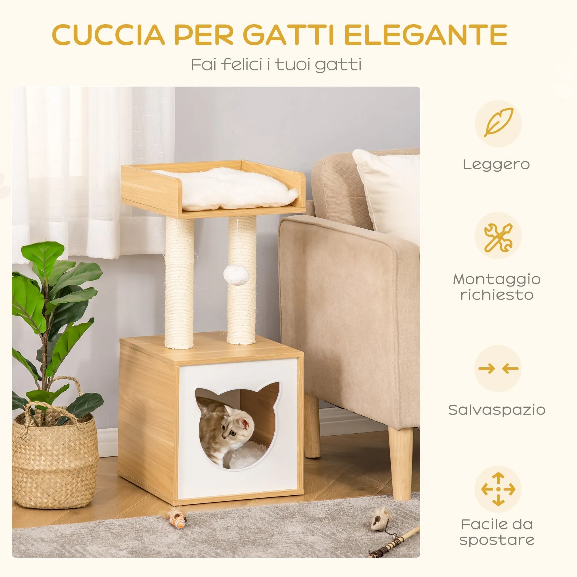 Cat Tree for cats with Scratch Pole in Sisal, washable cushions and ball, 35x35x81cm, oak - Image 3