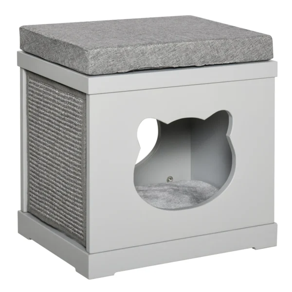 Wooden Cat House with 2 Pillows and Removable Scratching Posts, Grey, 41x30x36cm