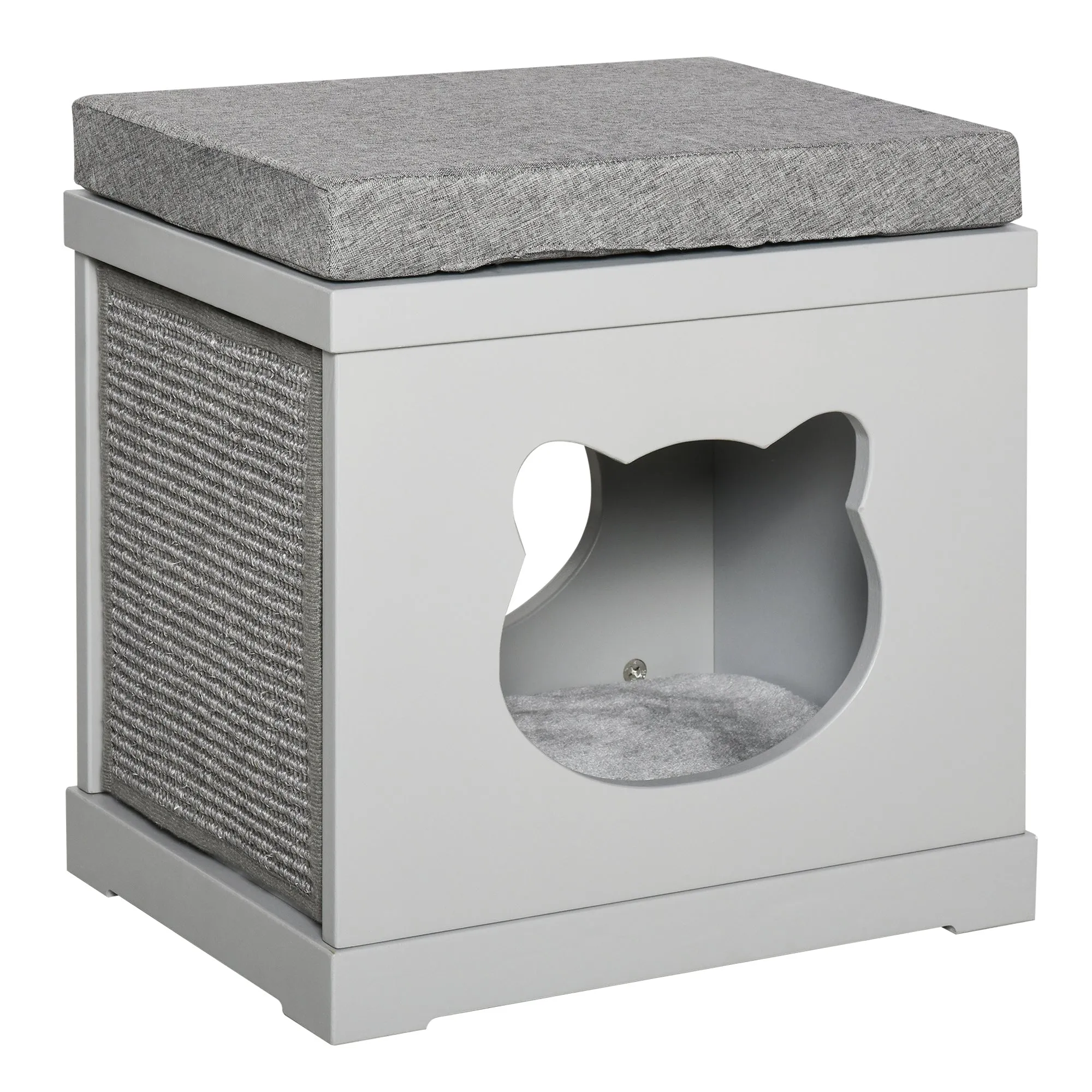 Wooden Cat House with 2 Pillows and Removable Scratching Posts, Grey, 41x30x36cm