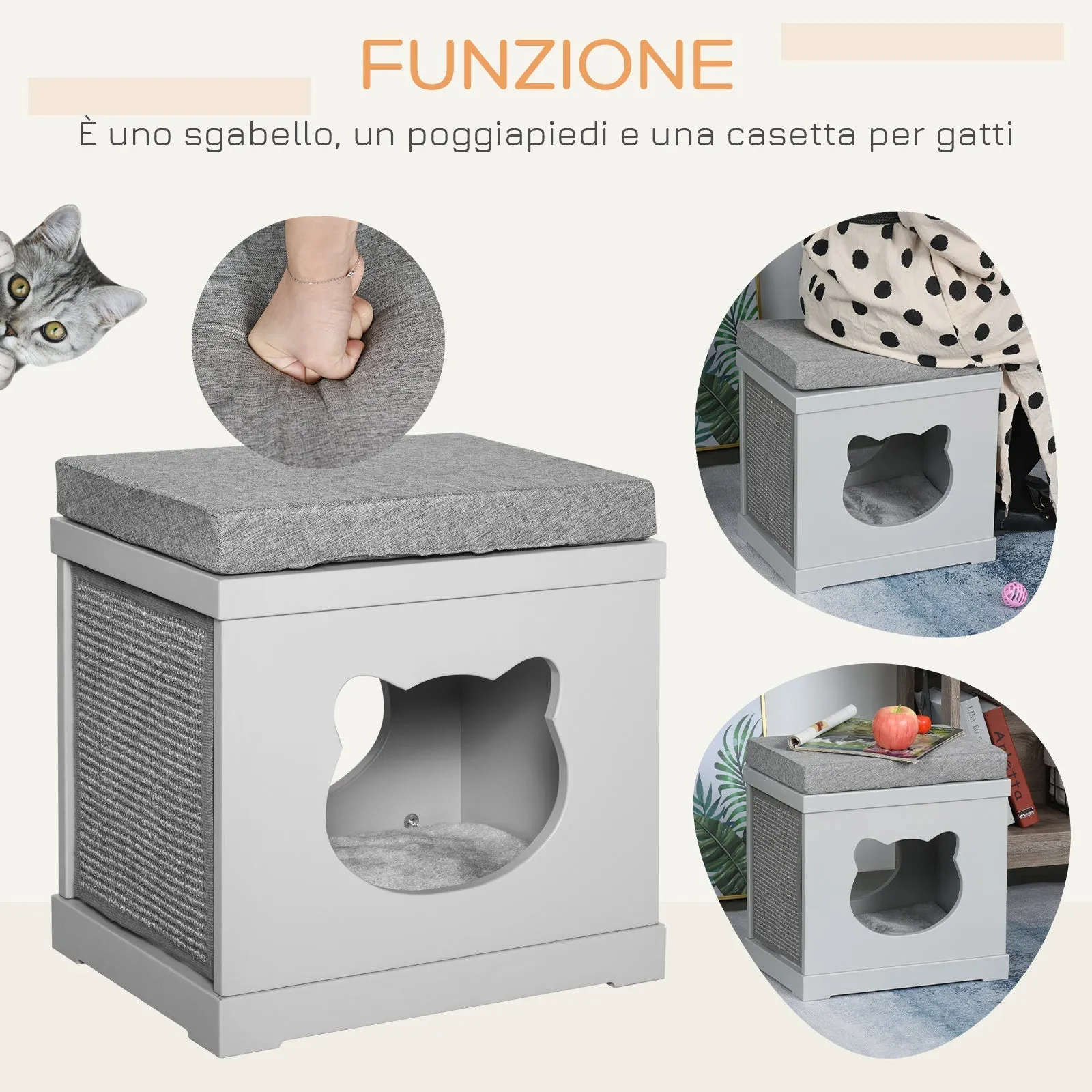 Wooden Cat House with 2 Pillows and Removable Scratching Posts, Grey, 41x30x36cm - Image 3