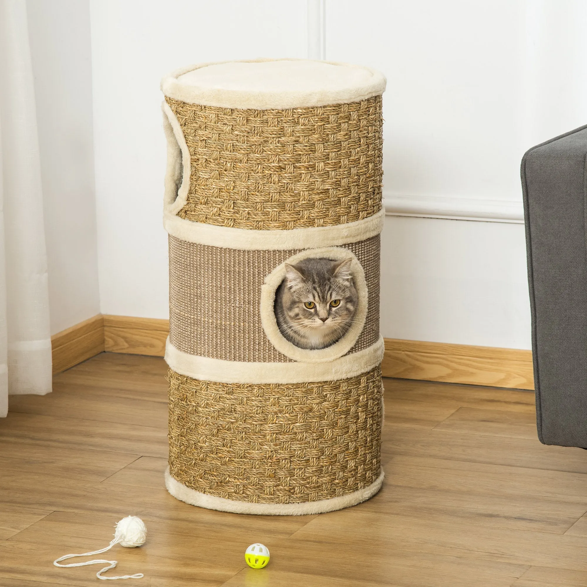 Cat House Cat Scratching Post Tower with 3 Niches, Sisal Rope and Seaweed, Plush Edge, Khaki and Brown - Image 2