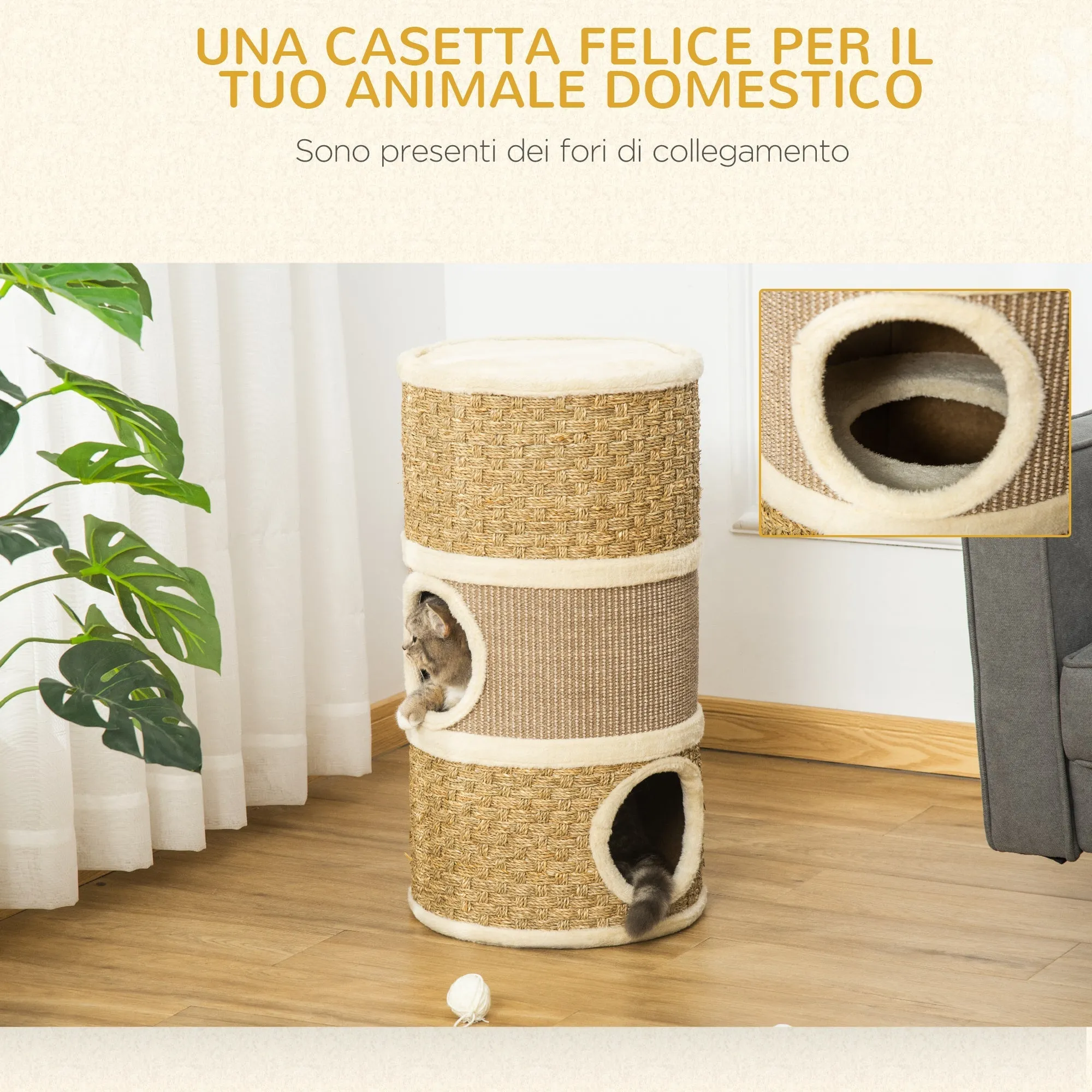 Cat House Cat Scratching Post Tower with 3 Niches, Sisal Rope and Seaweed, Plush Edge, Khaki and Brown - Image 3