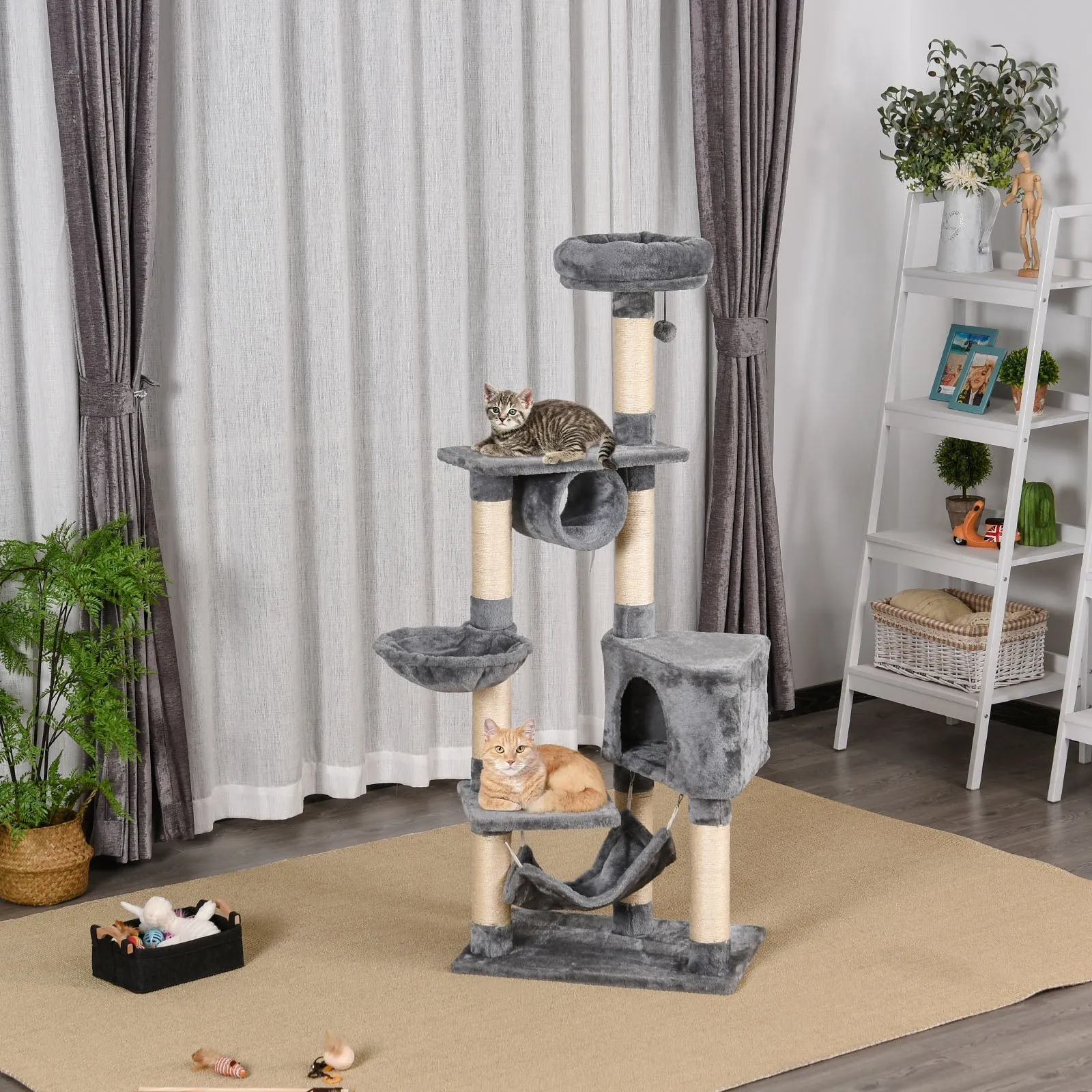 Cat Tree for cats with Scratch Pole, hammock, suspended beds and poles in sisal rope, Grey, 60x40x154cm - Image 2