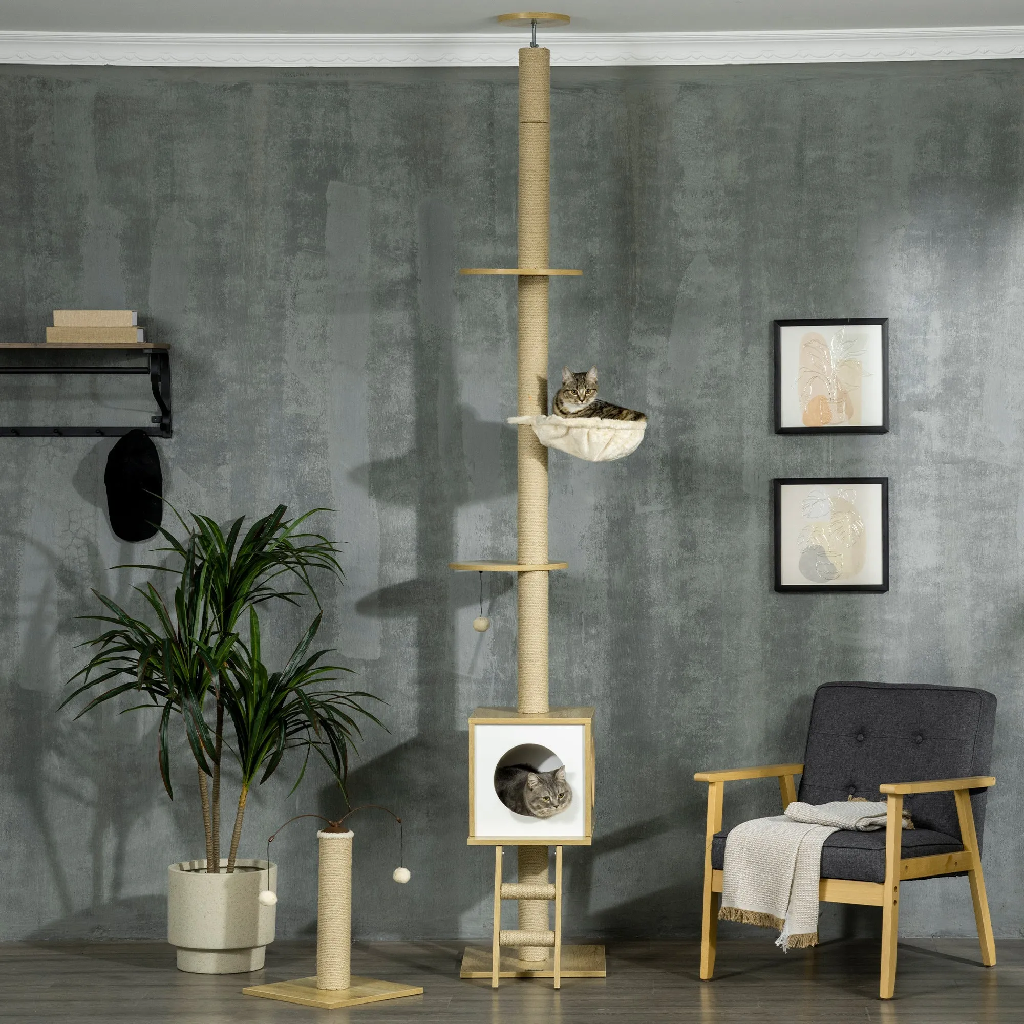 Height Adjustable Chipboard Cat Tree with Scratching Post, House, Hammock and Ball, 40x40x225-285 cm - Image 2
