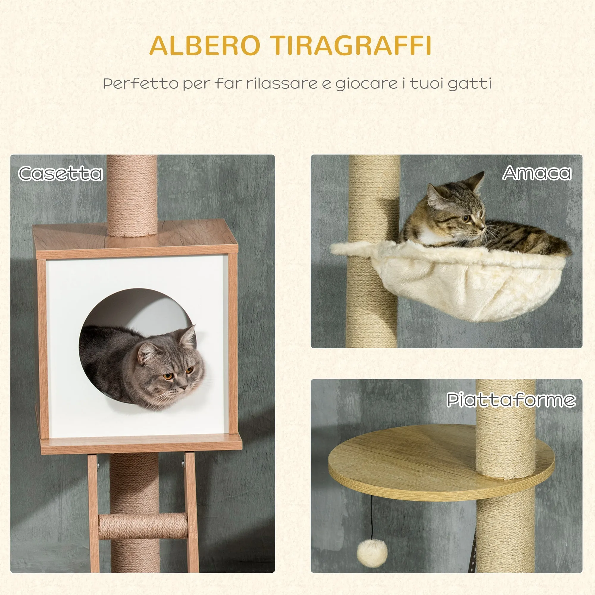 Height Adjustable Chipboard Cat Tree with Scratching Post, House, Hammock and Ball, 40x40x225-285 cm - Image 3