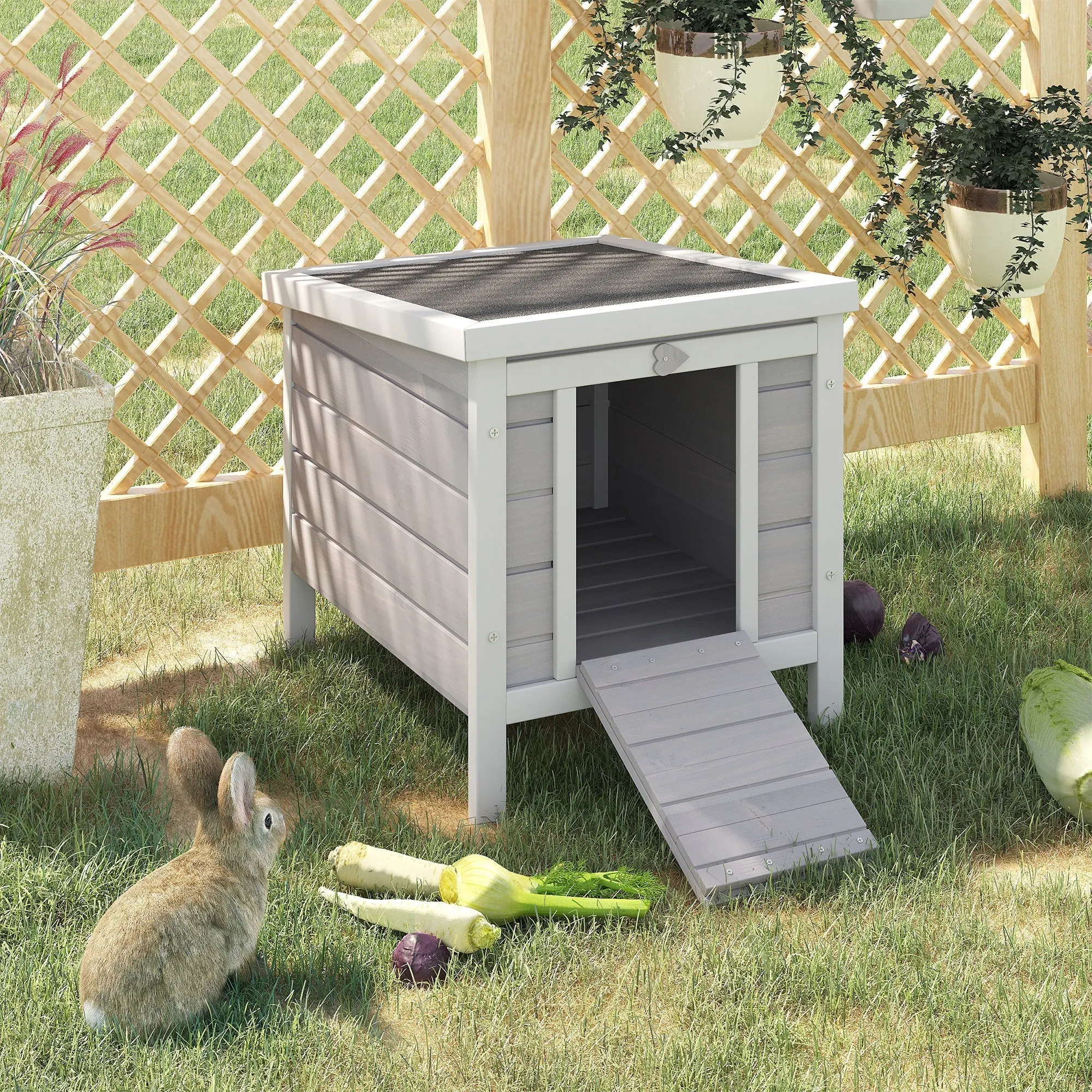 Outdoor Wooden Rabbit Cage with Asphalt Roof and Non-Slip Ramp, 42x51x43cm, Grey - Image 2