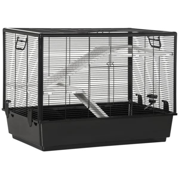 Guinea Pig Cage with Handle, Water Tank, Ramp and Tray, 80x48x58cm, Black