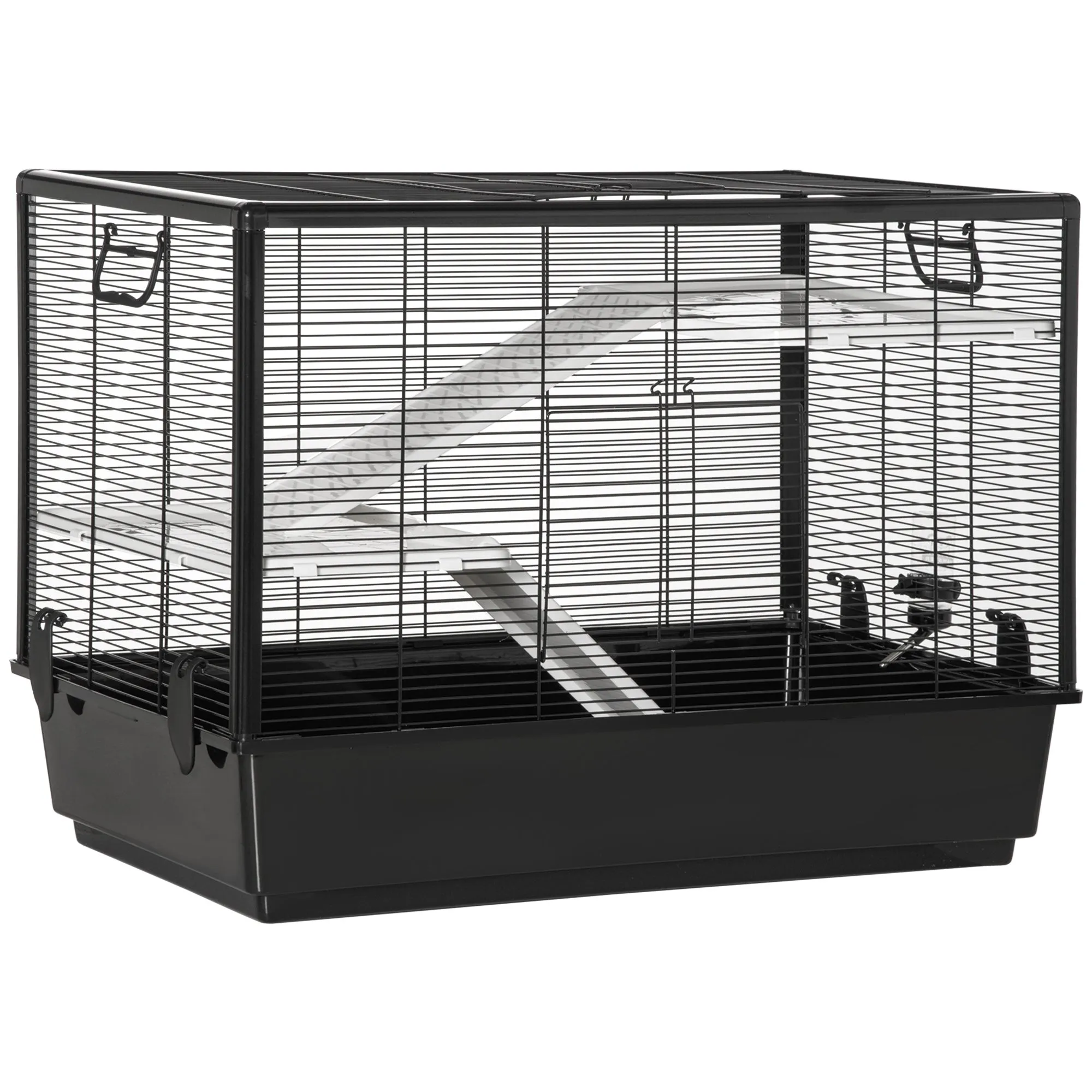 Guinea Pig Cage with Handle, Water Tank, Ramp and Tray, 80x48x58cm, Black