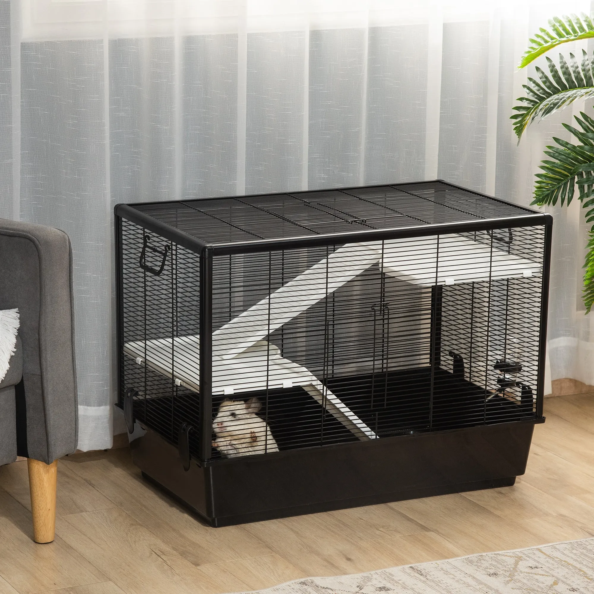 Guinea Pig Cage with Handle, Water Tank, Ramp and Tray, 80x48x58cm, Black - Image 2