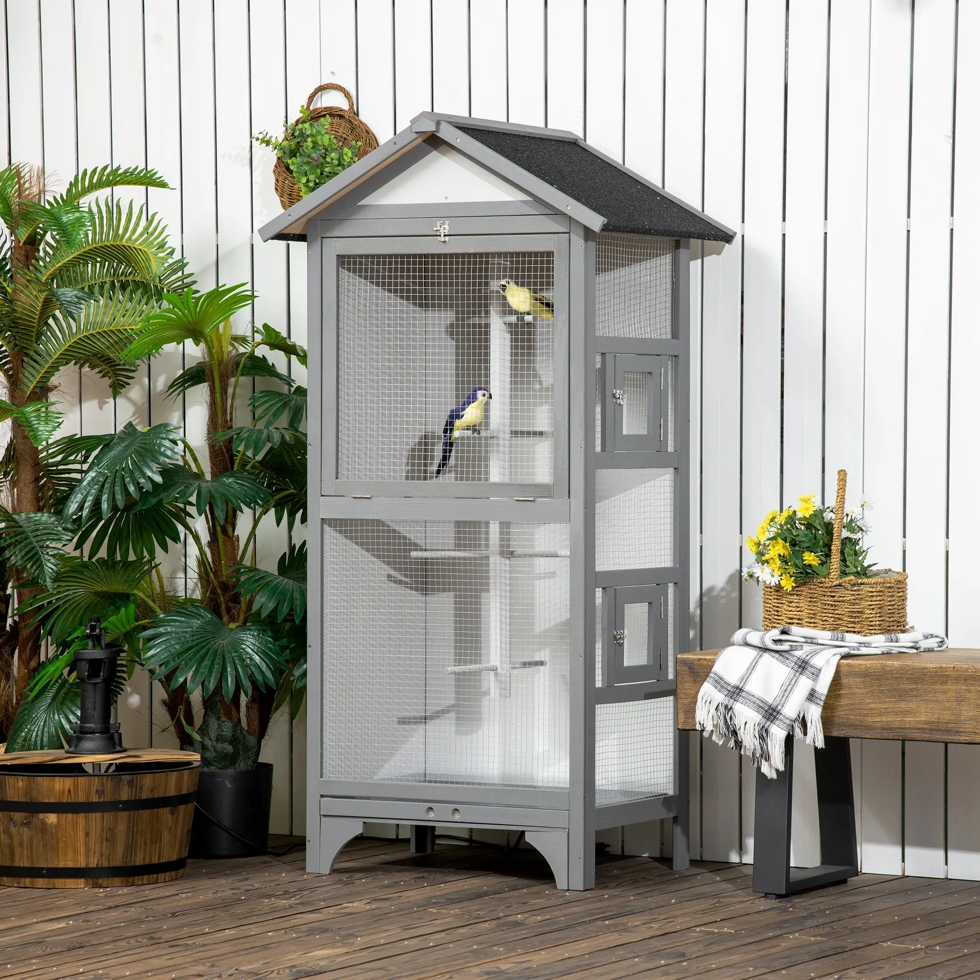 Outdoor Bird Aviary in Fir Wood, 80.5x57x158.5cm, Light Grey - Image 2