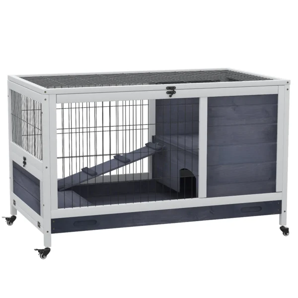 Rabbit and Guinea Pig Cage with 4 Wheels, House and Ramp, Natural Wood, Grey and White, 90x53x59cm