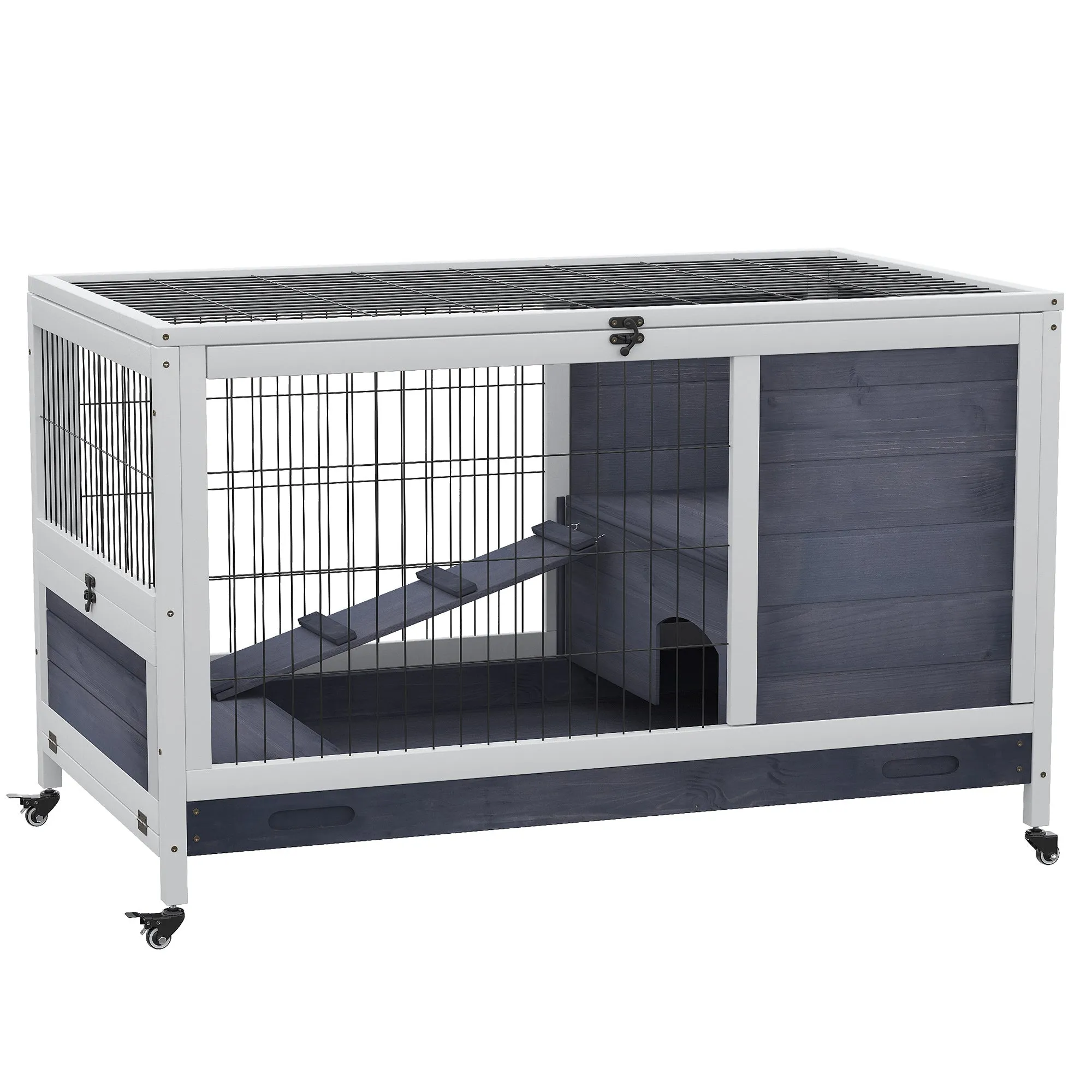 Rabbit and Guinea Pig Cage with 4 Wheels, House and Ramp, Natural Wood, Grey and White, 90x53x59cm