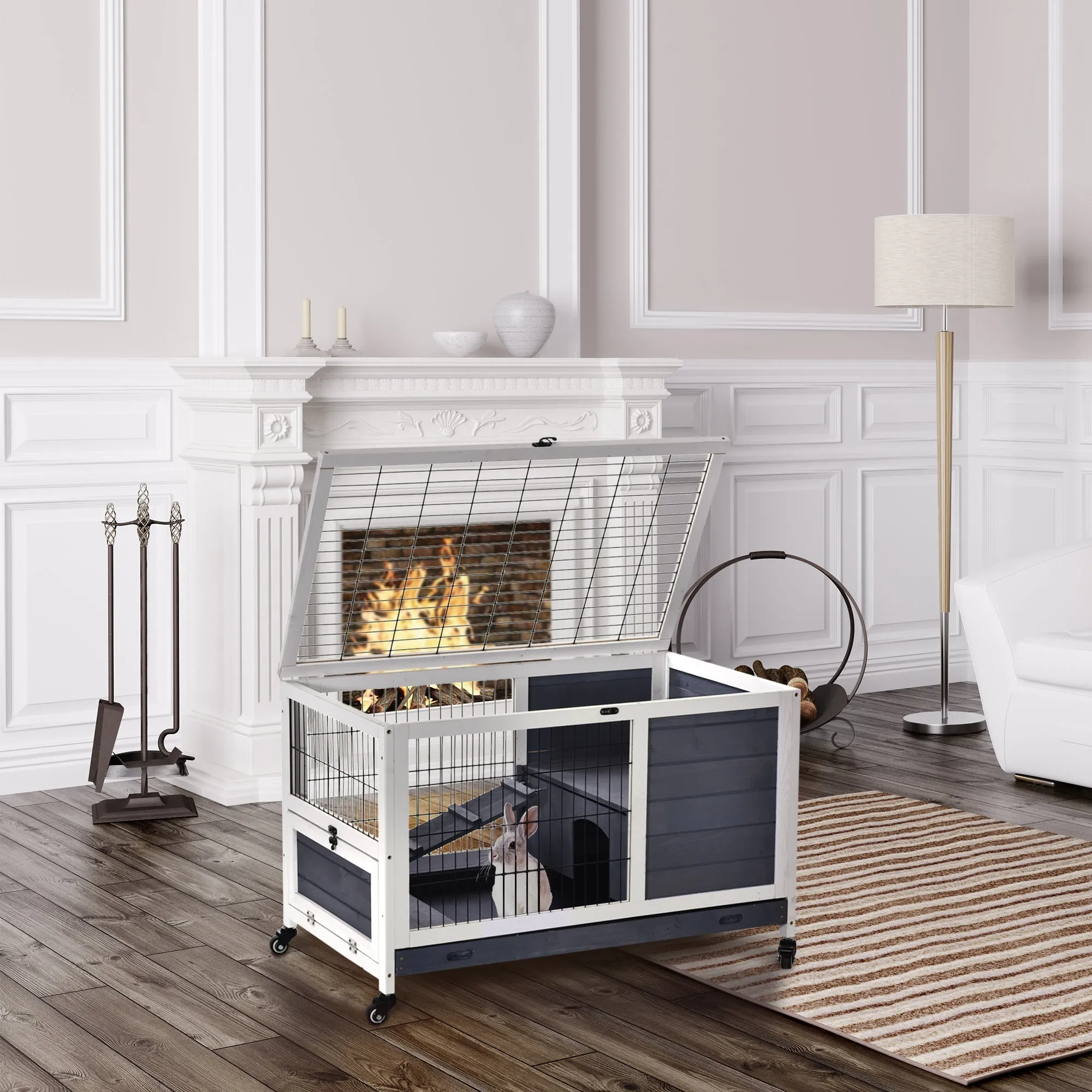 Rabbit and Guinea Pig Cage with 4 Wheels, House and Ramp, Natural Wood, Grey and White, 90x53x59cm - Image 2