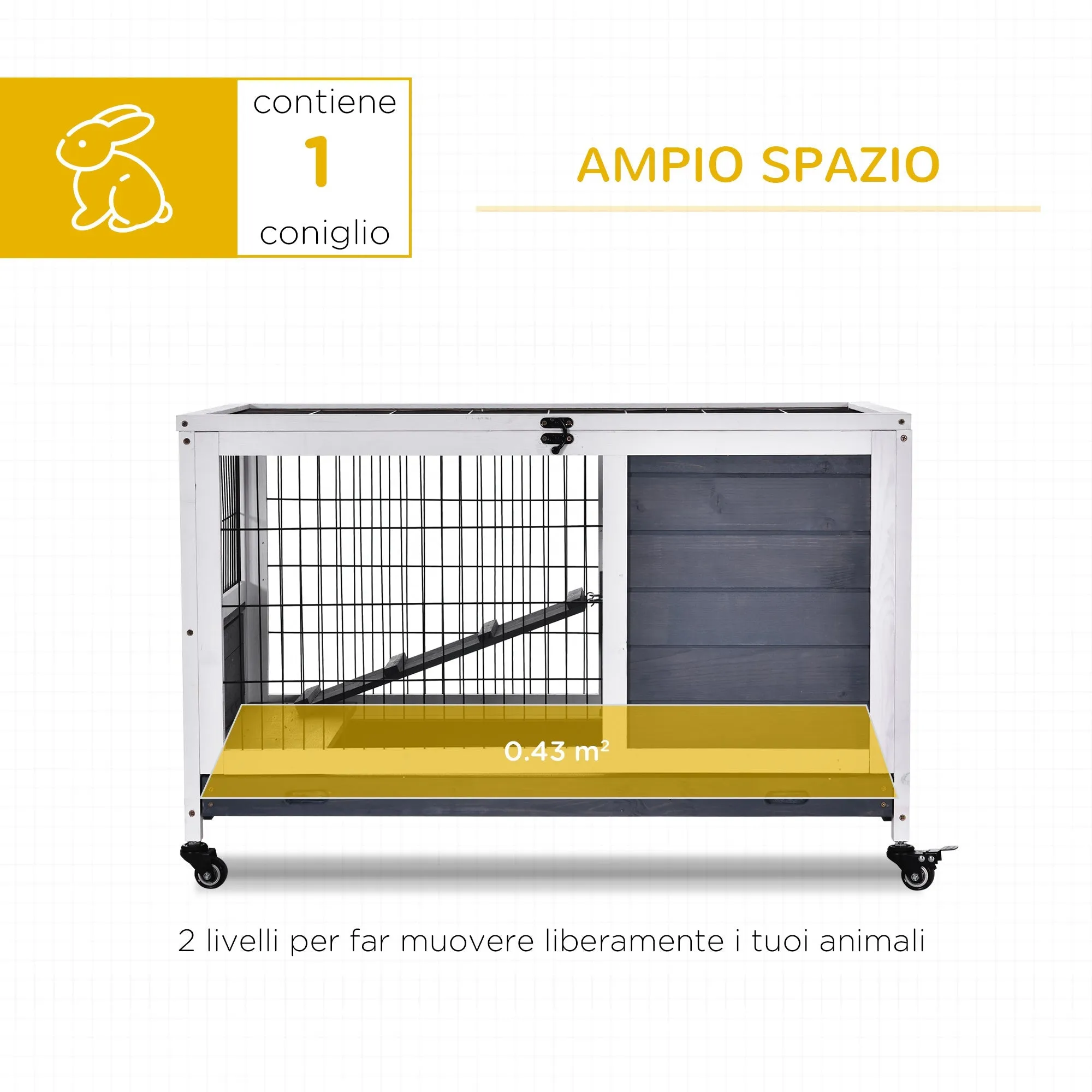 Rabbit and Guinea Pig Cage with 4 Wheels, House and Ramp, Natural Wood, Grey and White, 90x53x59cm - Image 3