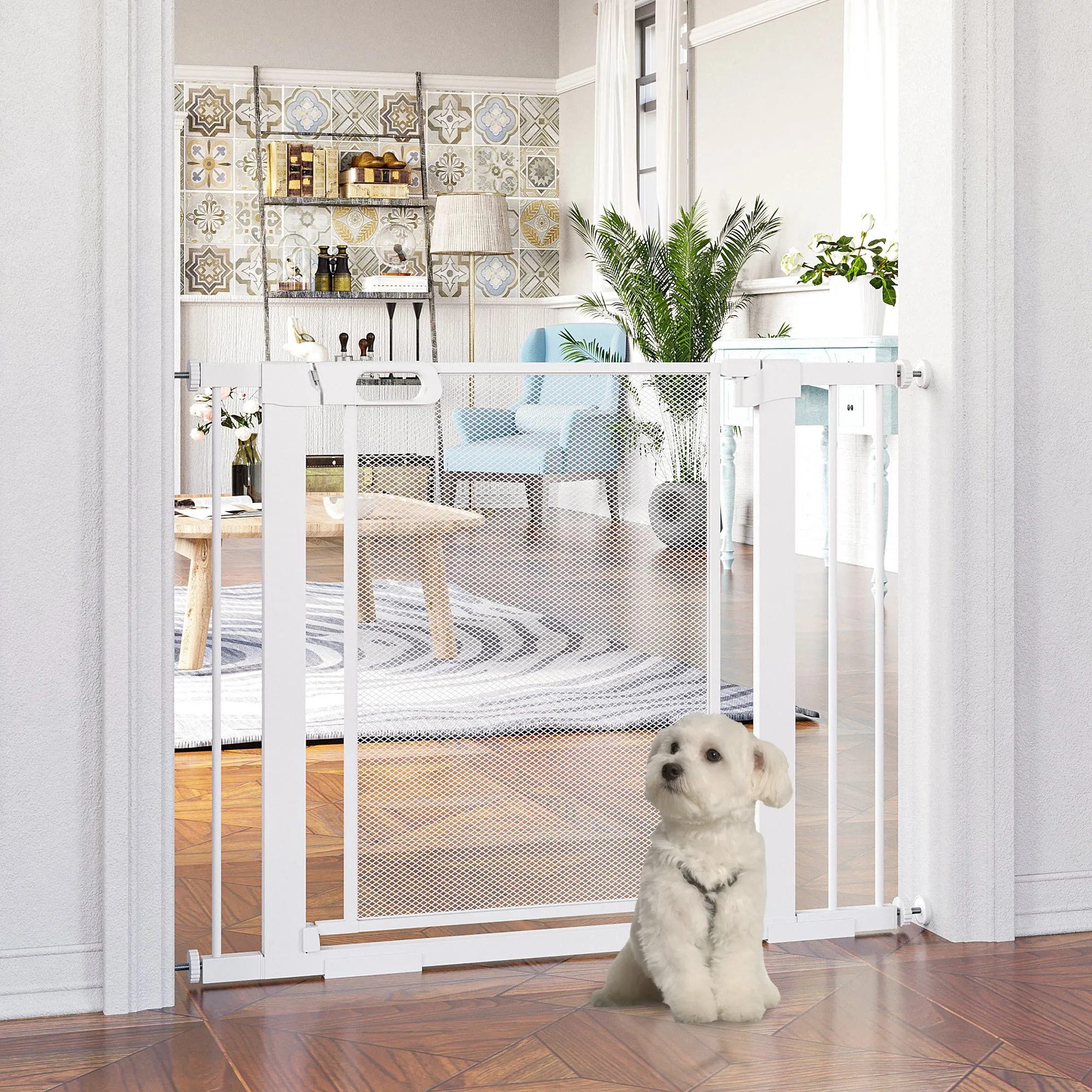 Push-On Extendable Dog Gate with Automatic Closing for Spaces 75-103cm, White - Image 3