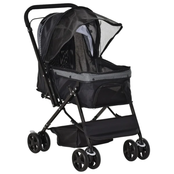 Foldable Dog Stroller with Swivel Handle and Storage Basket, Black