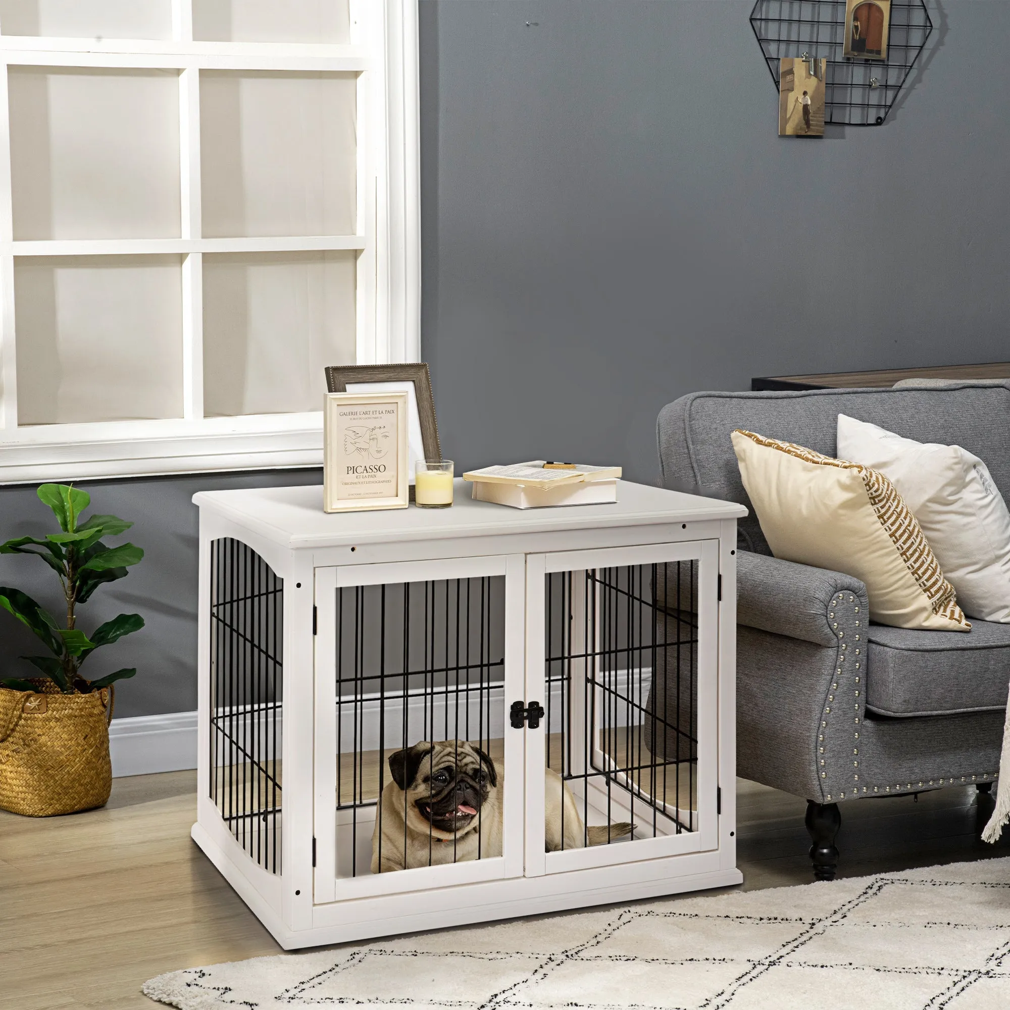Indoor Dog House for Up to 30kg in Wood and Steel, 58.5x81x 66cm - White - Image 2