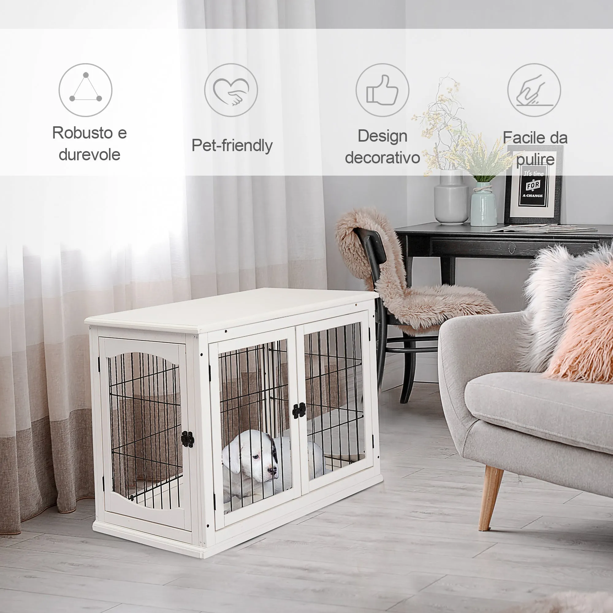 Indoor Dog House for Up to 30kg in Wood and Steel, 58.5x81x 66cm - White - Image 3