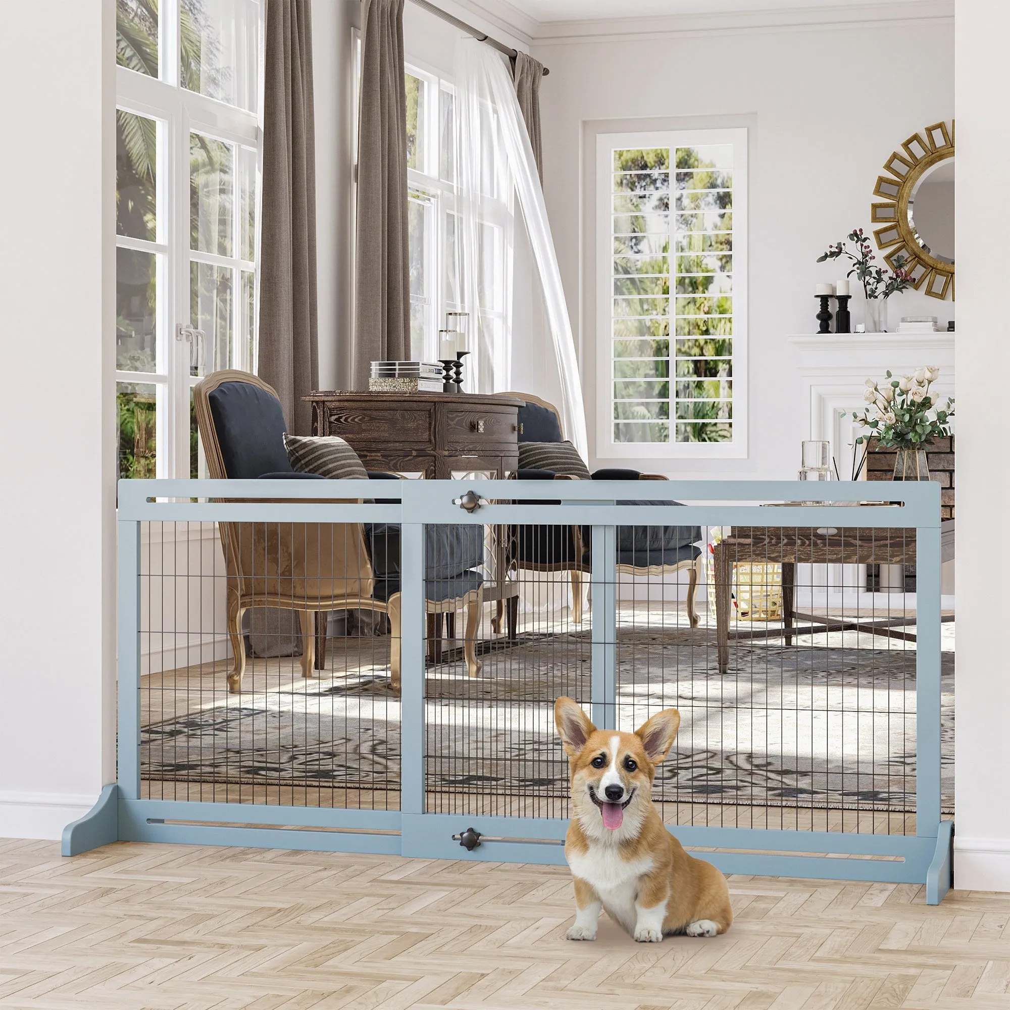 Extendable Indoor Dog Gate in Wood and Steel, 104-183x36x69cm, Blue-grey - Image 2