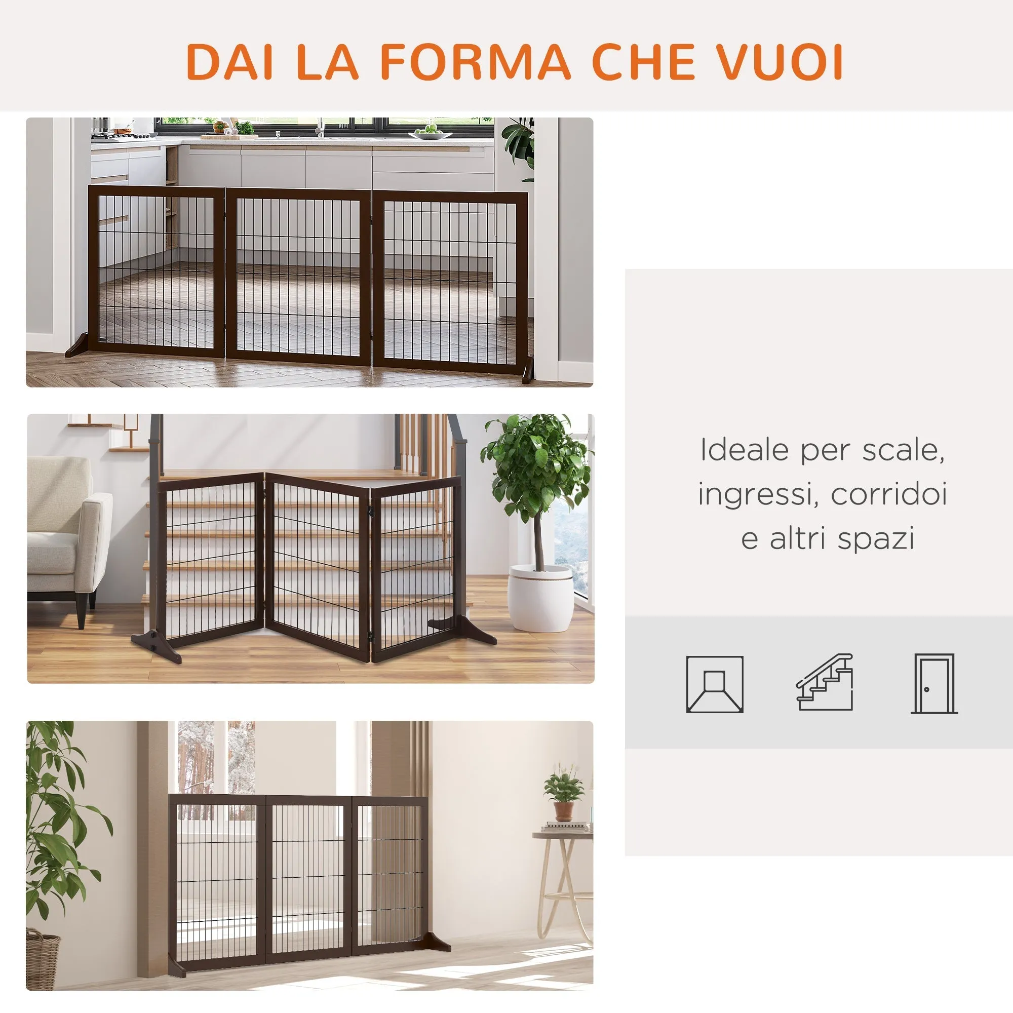 Folding and Adjustable Pet Gate in Pine Wood and Metal with Stable Base, for Dogs and Puppies, 185x36x71cm - Image 3