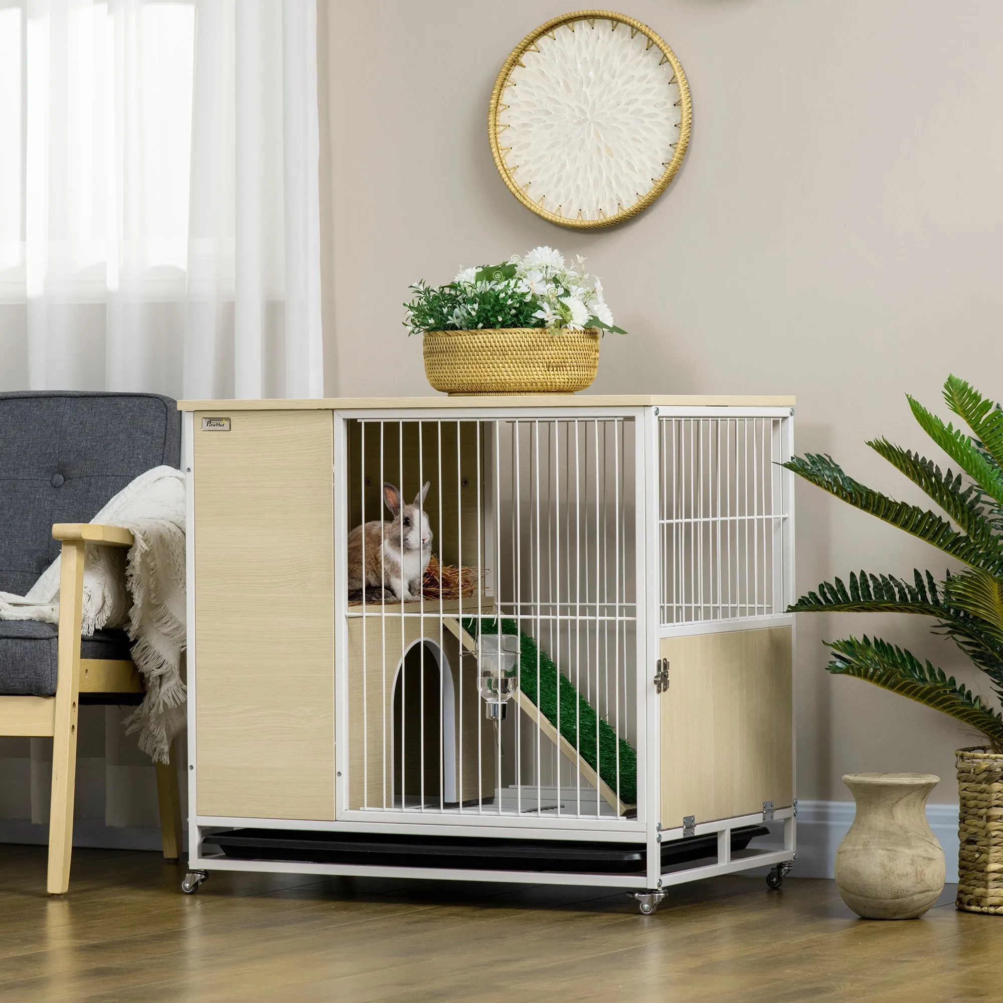Rabbit Cage with Water Tank and Removable Tray, Chipboard, Steel and PVC, 78x52.5x76.5 cm - Image 2