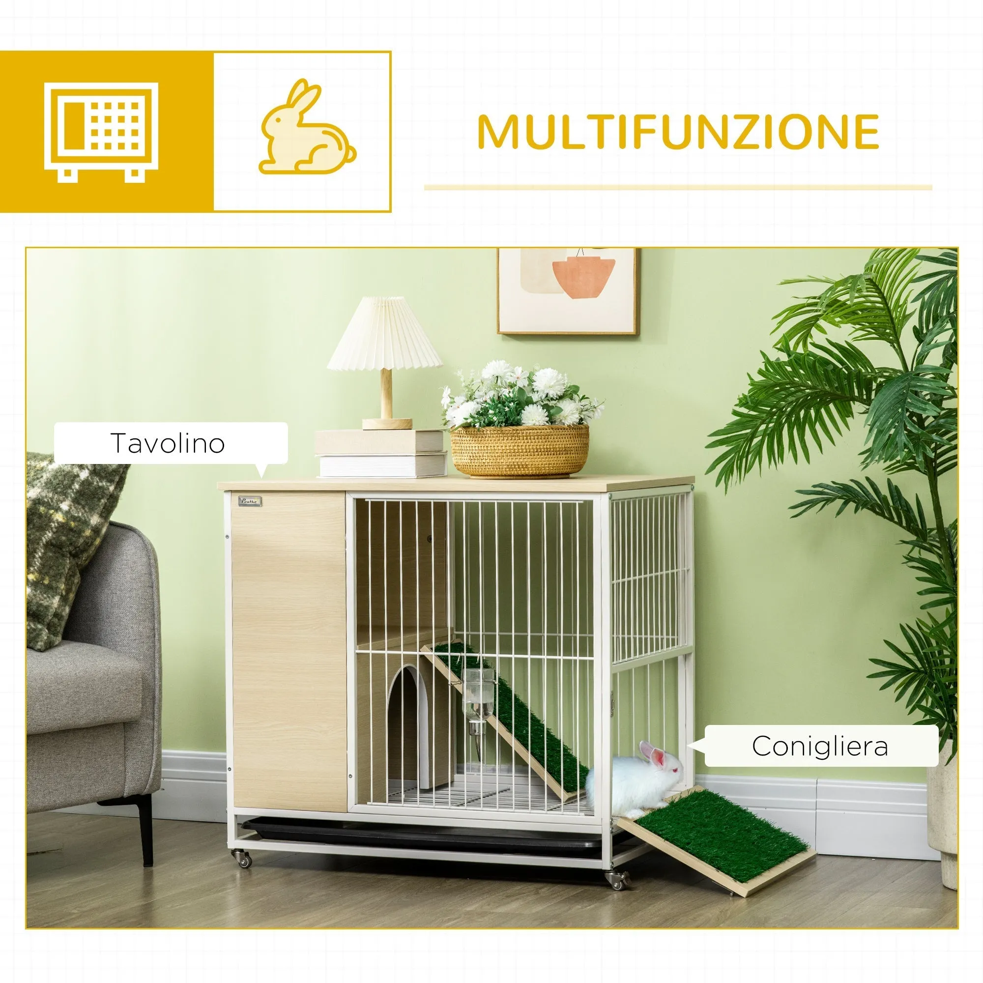 Rabbit Cage with Water Tank and Removable Tray, Chipboard, Steel and PVC, 78x52.5x76.5 cm - Image 3