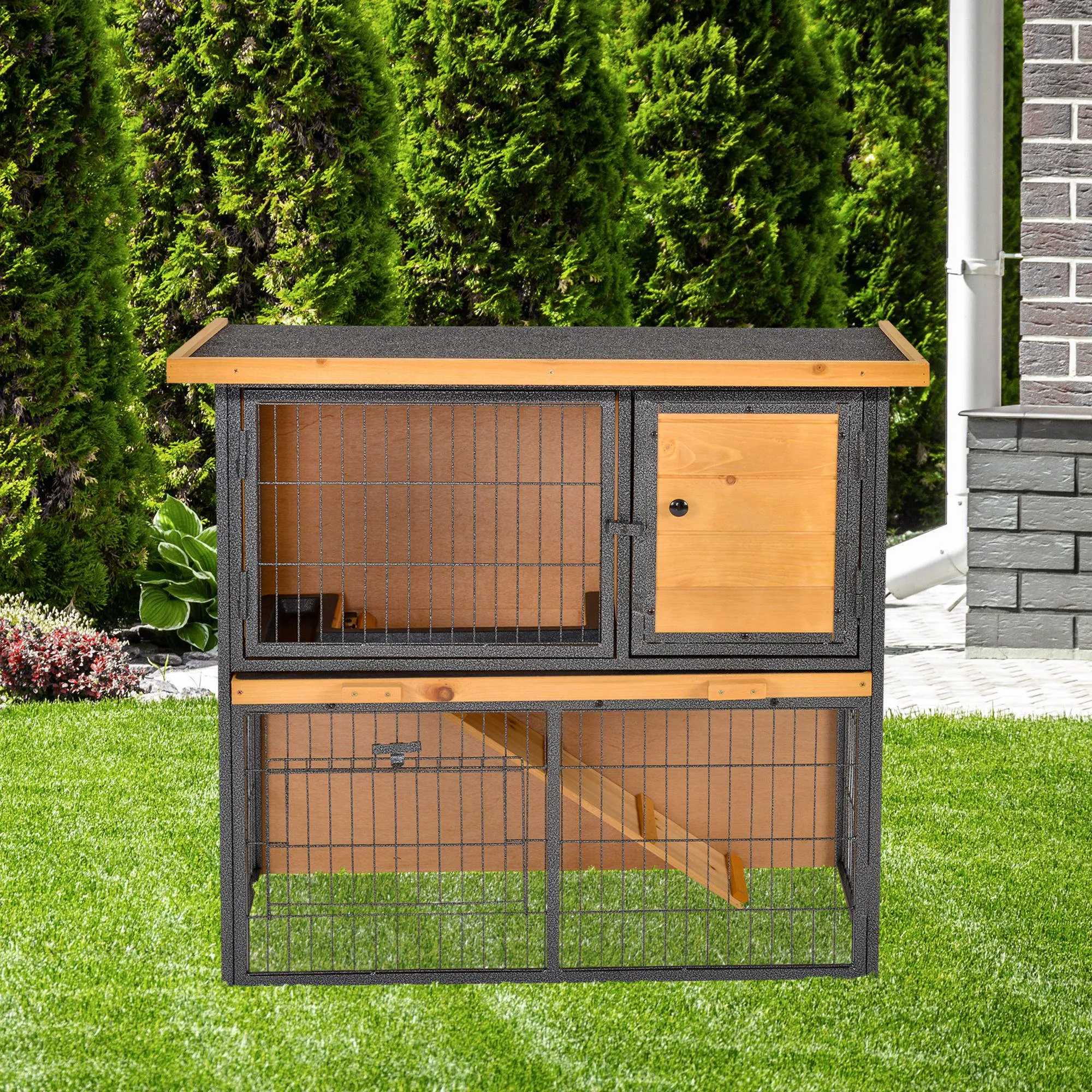 Rabbit Cage with Ramp and Open Area, 2-Tier Wooden and Metal Rabbit Hutch, Light Yellow, 89.5x45x81cm - Image 2
