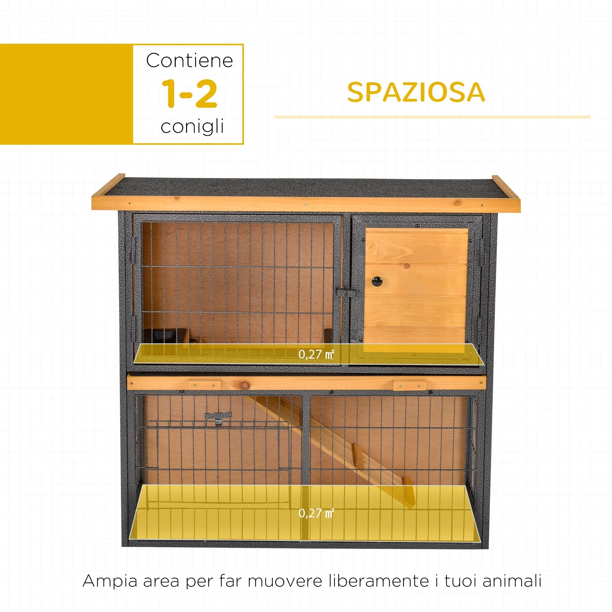 Rabbit Cage with Ramp and Open Area, 2-Tier Wooden and Metal Rabbit Hutch, Light Yellow, 89.5x45x81cm - Image 3